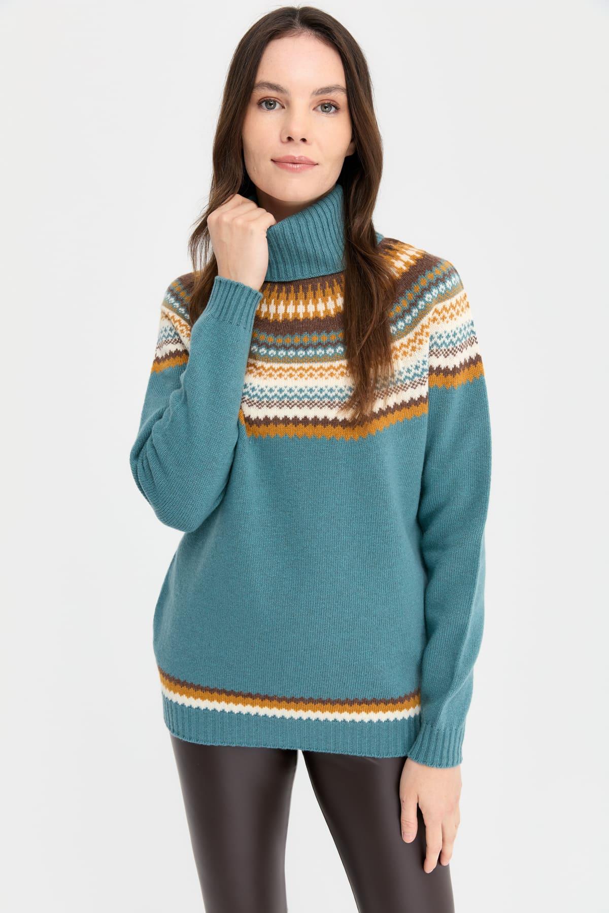 22087Kadın Tam Balıkçı Yaka Yün Kazak M.Yeşili