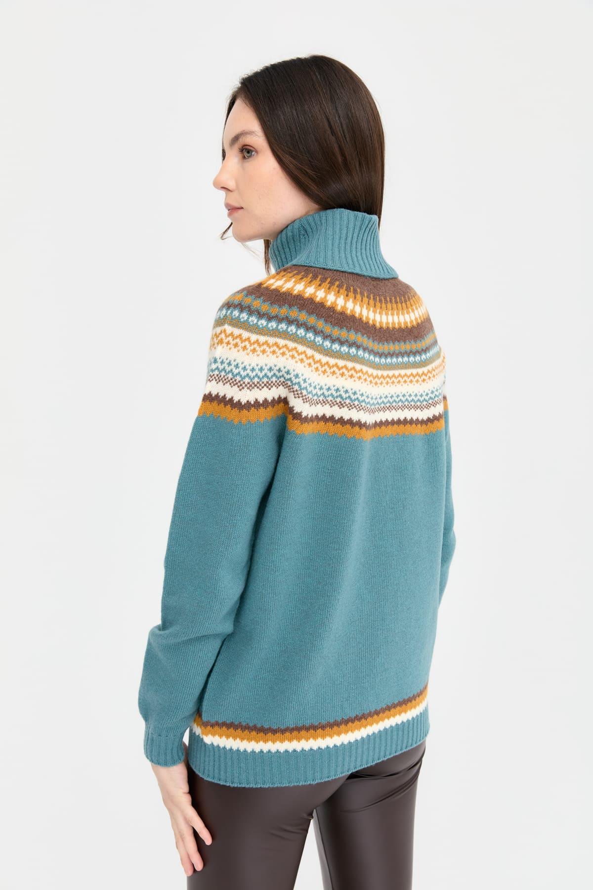 22087Kadın Tam Balıkçı Yaka Yün Kazak M.Yeşili