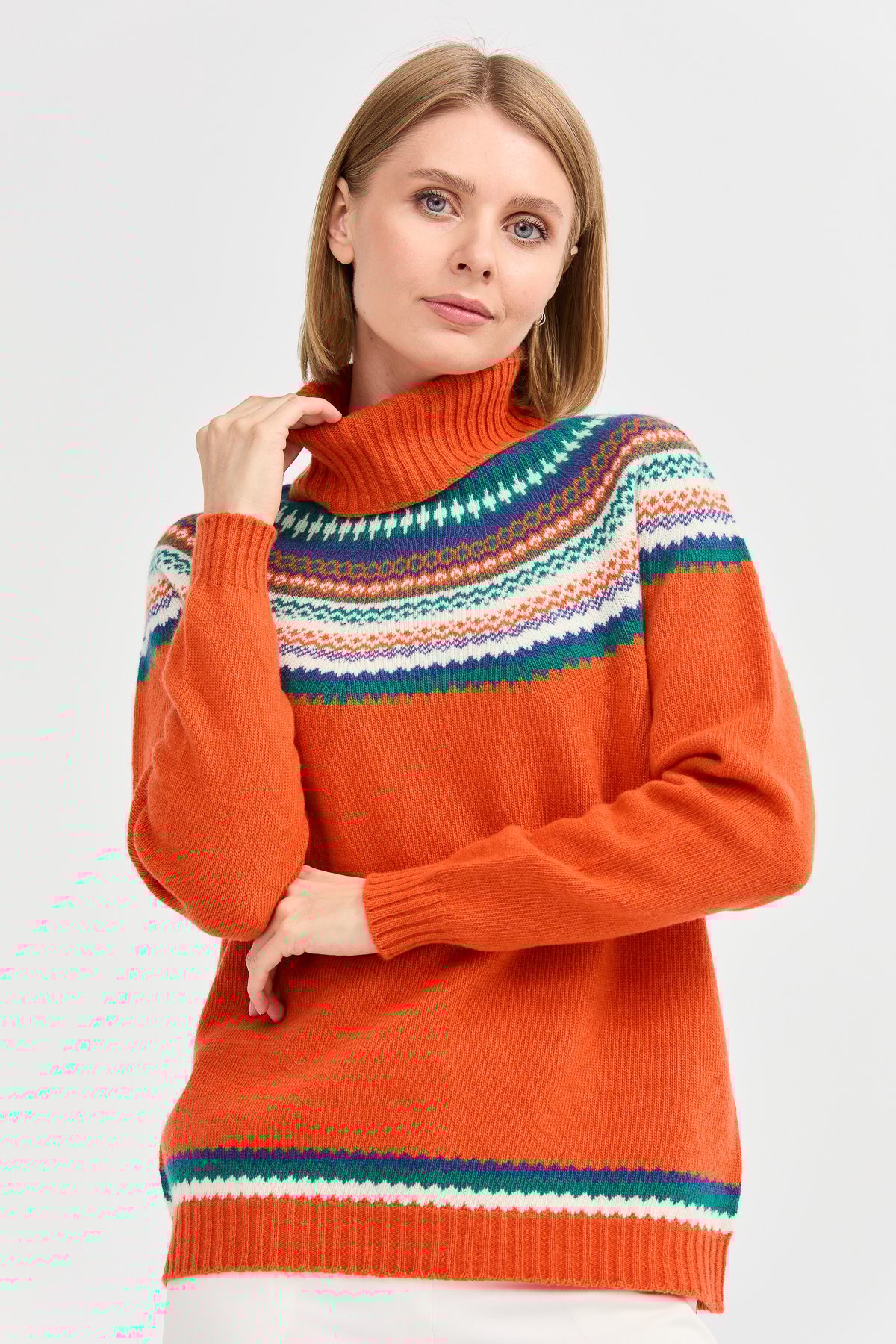 22087Kadın Tam Balıkçı Yaka Yün Kazak Portakal