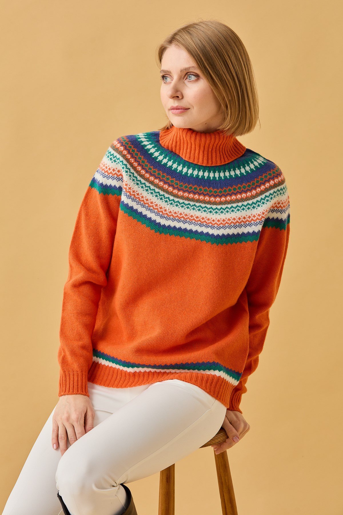 22087Kadın Tam Balıkçı Yaka Yün Kazak Portakal