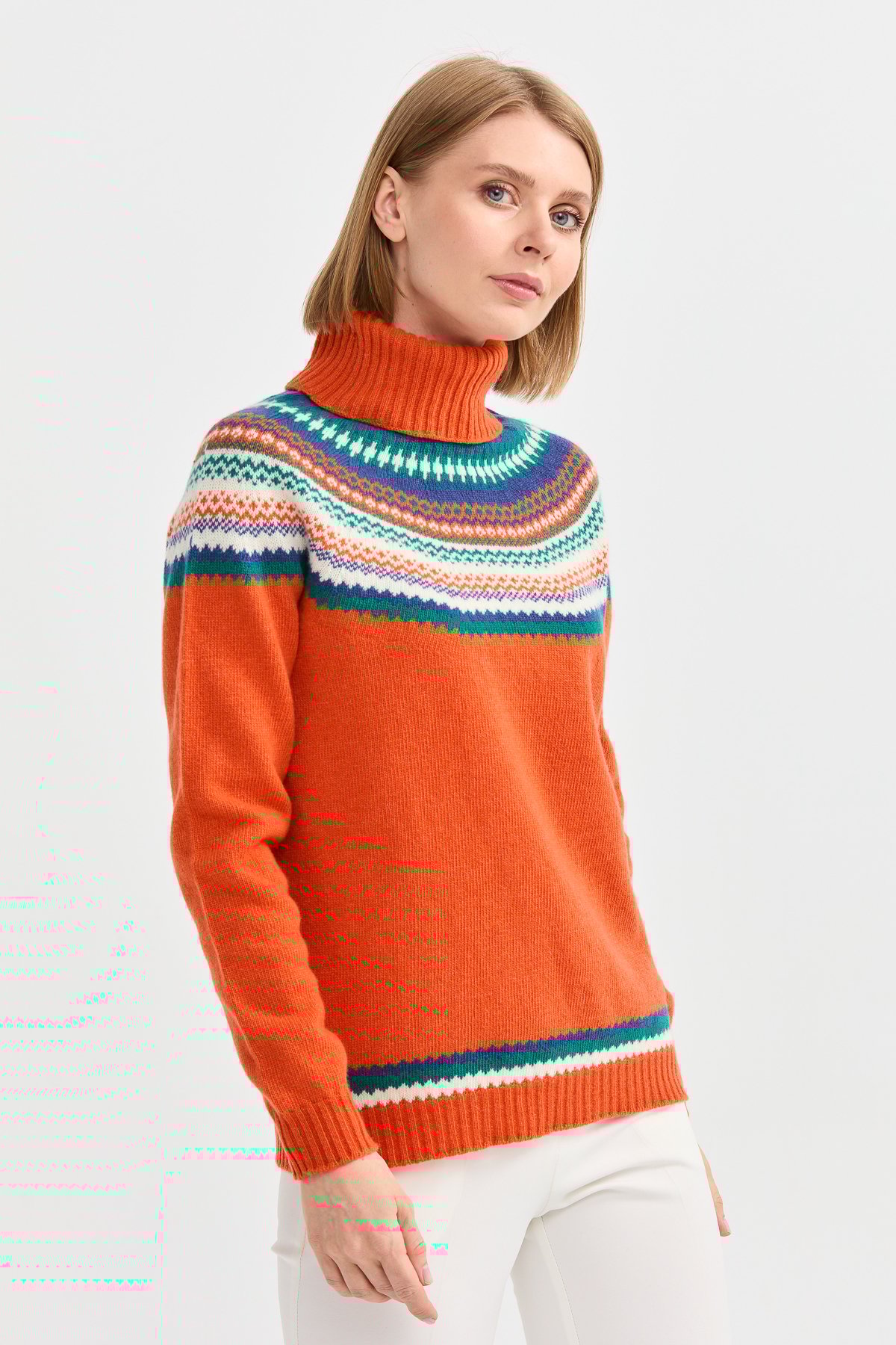 22087Kadın Tam Balıkçı Yaka Yün Kazak Portakal