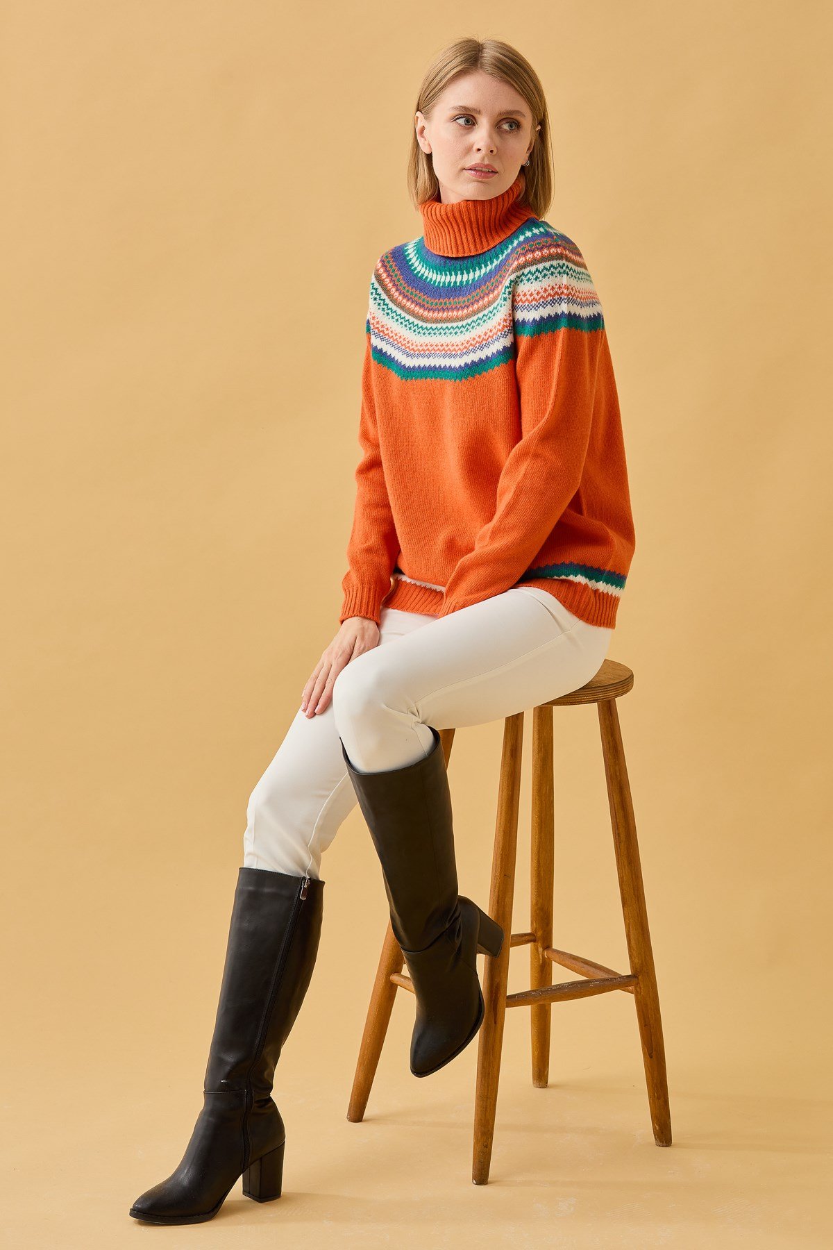 22087Kadın Tam Balıkçı Yaka Yün Kazak Portakal