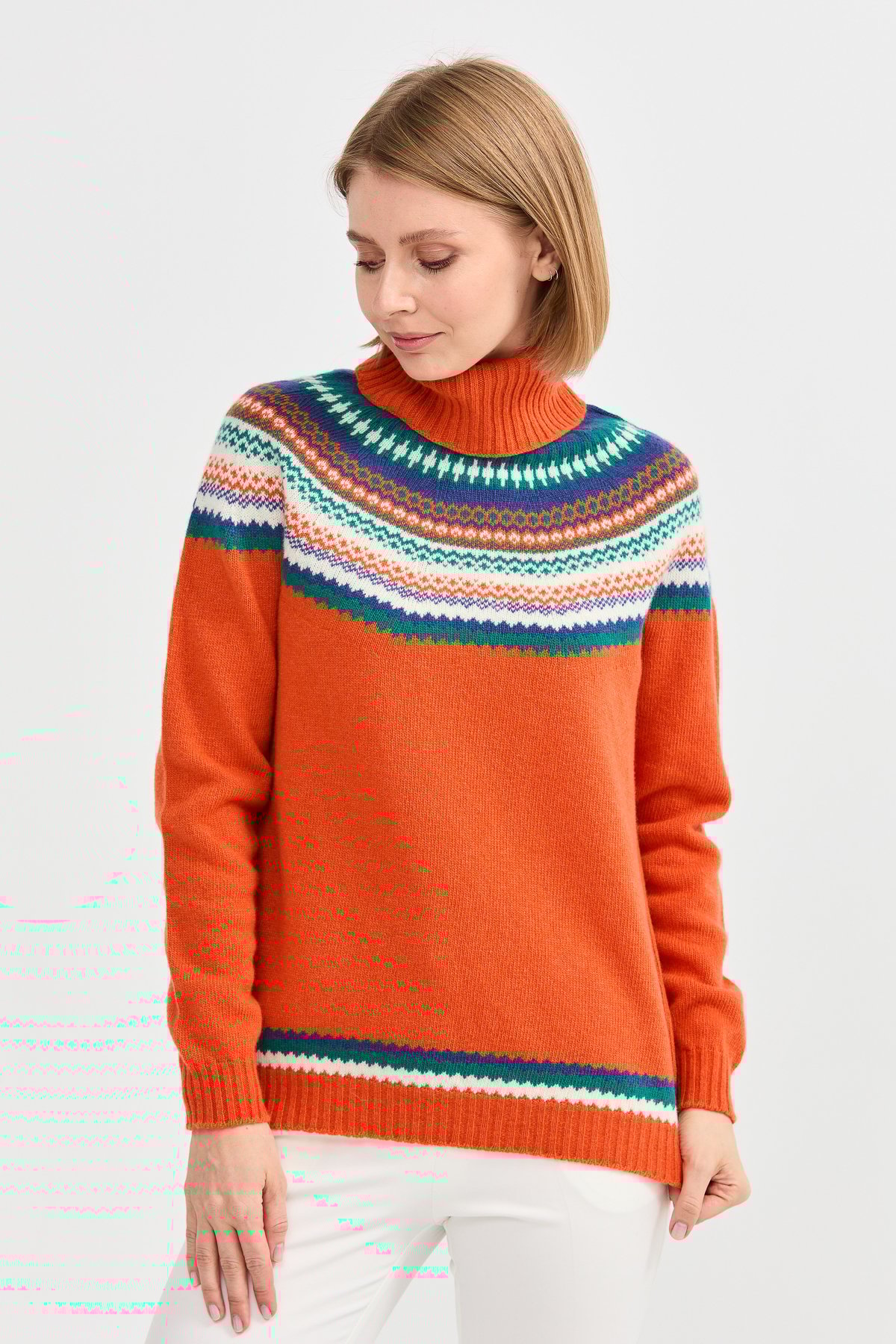 22087Kadın Tam Balıkçı Yaka Yün Kazak Portakal