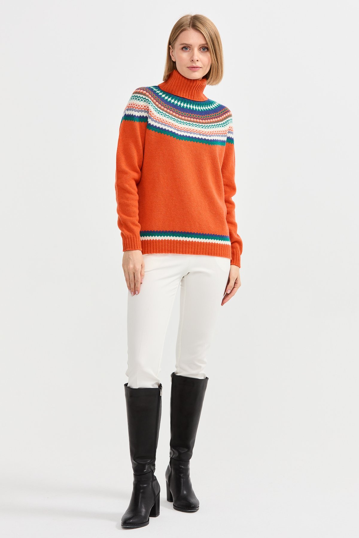 22087Kadın Tam Balıkçı Yaka Yün Kazak Portakal