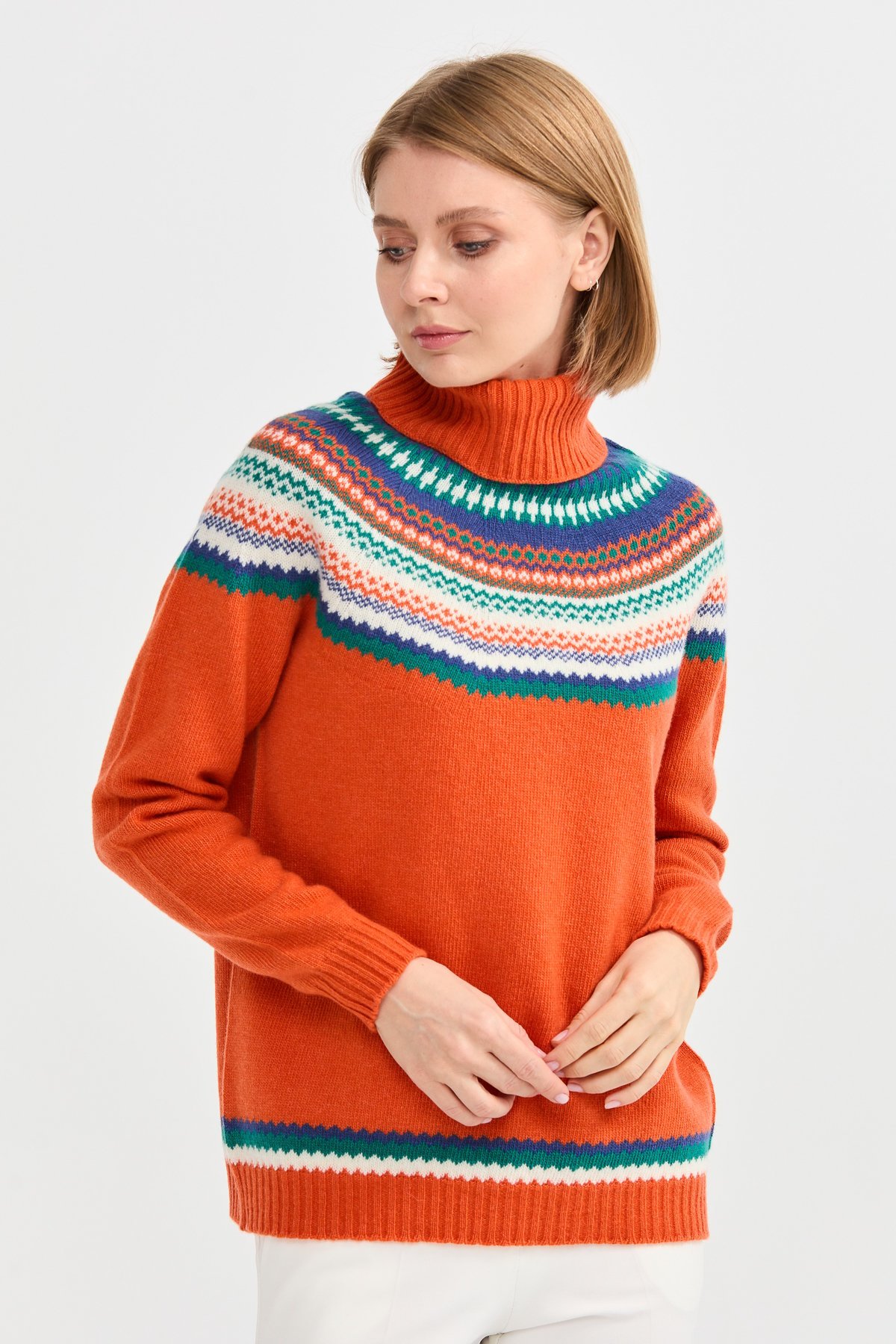 22087Kadın Tam Balıkçı Yaka Yün Kazak Portakal