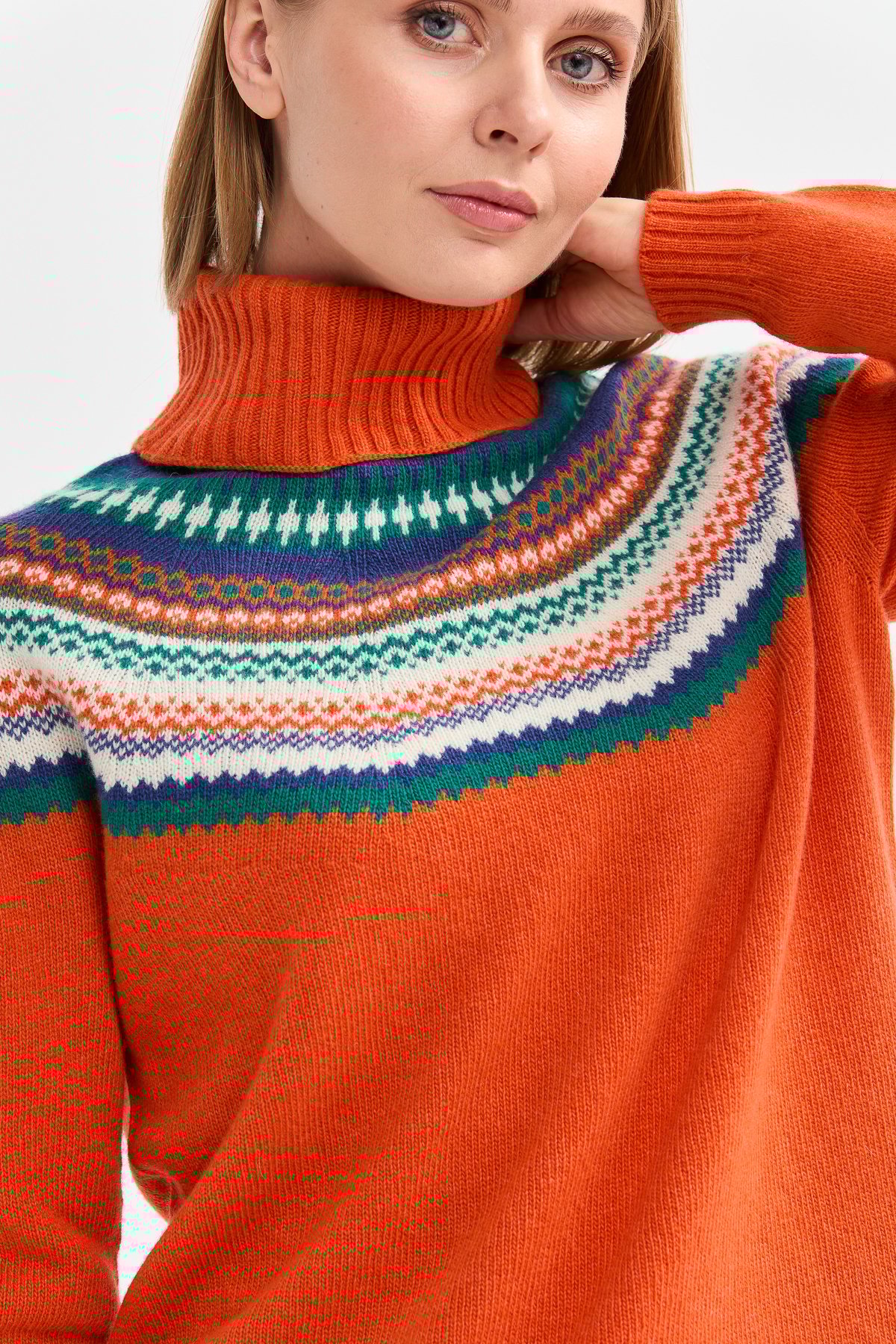 22087Kadın Tam Balıkçı Yaka Yün Kazak Portakal