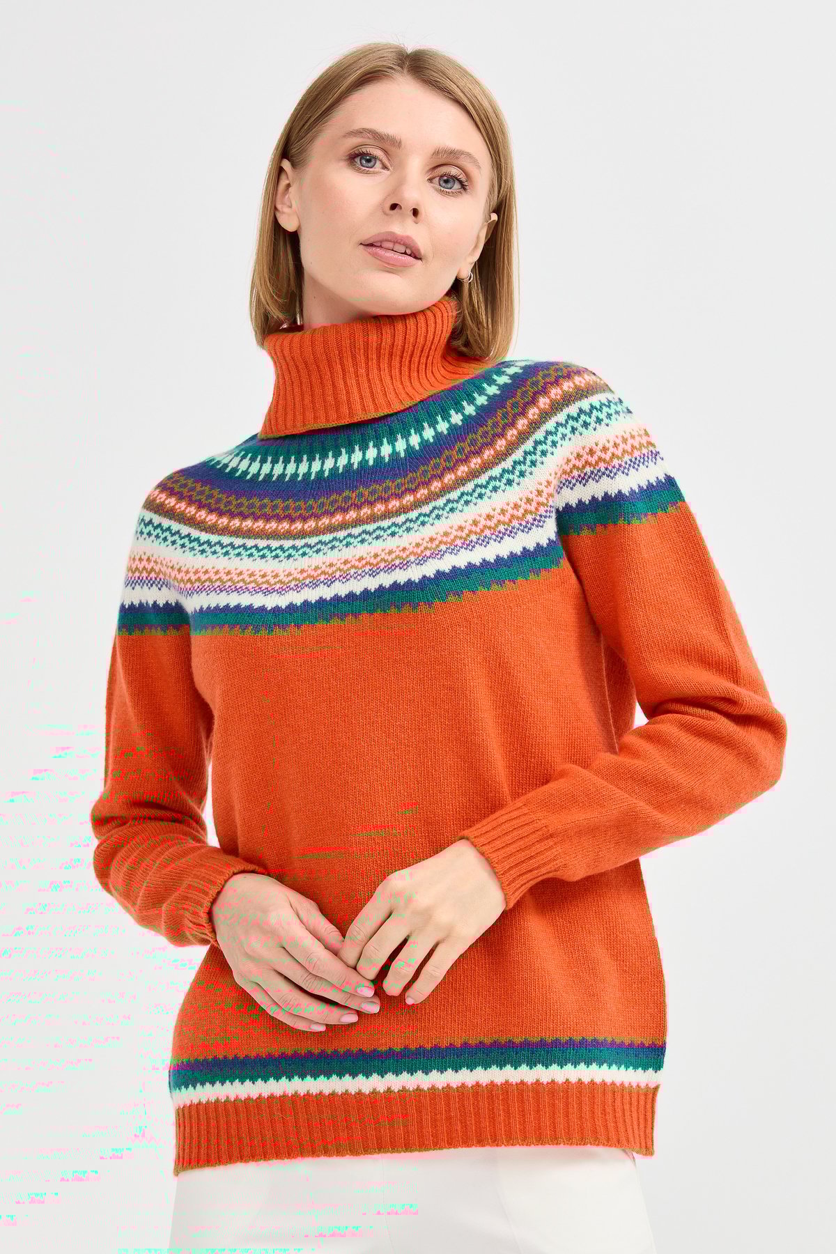 22087Kadın Tam Balıkçı Yaka Yün Kazak Portakal