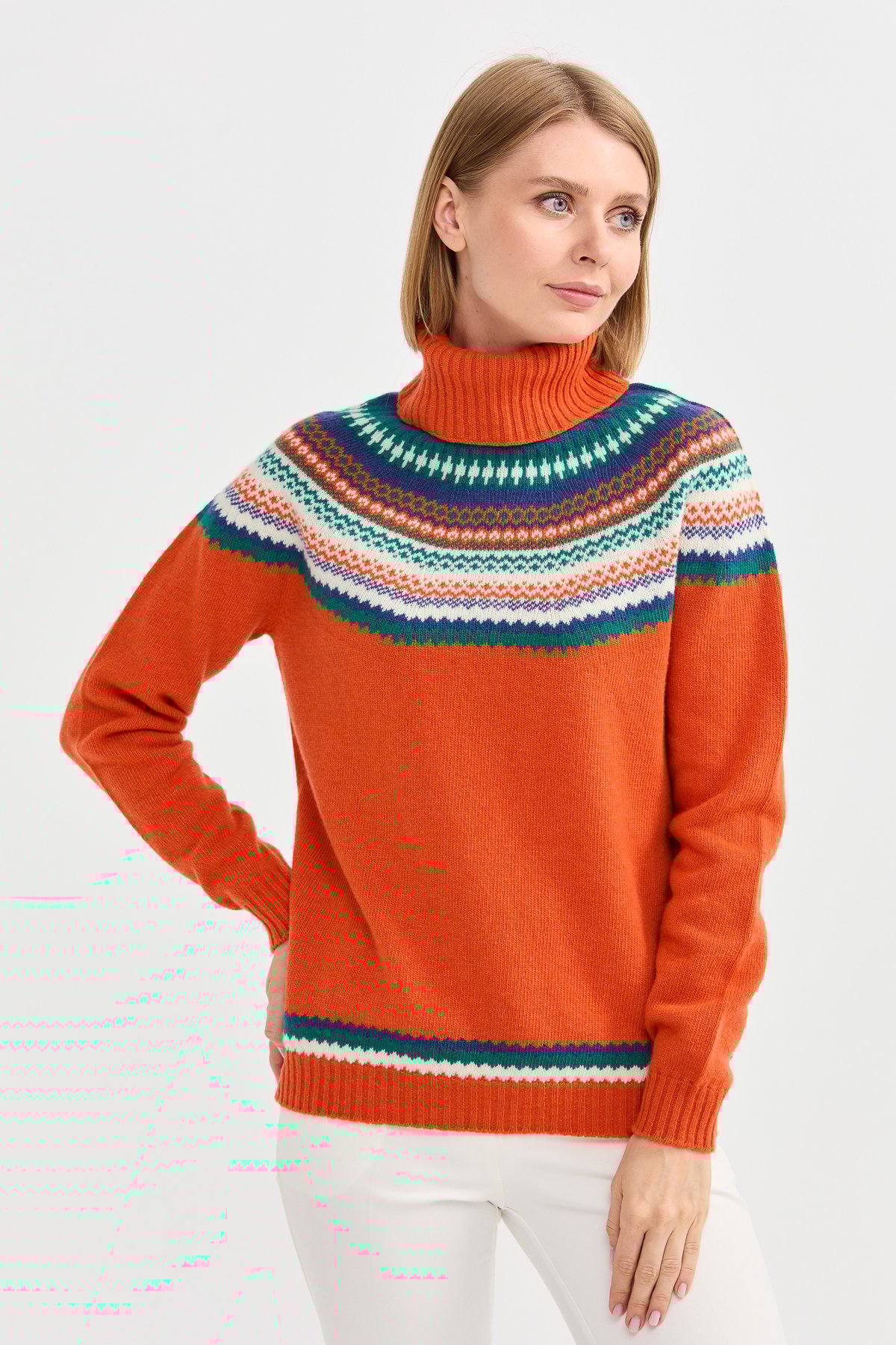 22087Kadın Tam Balıkçı Yaka Yün Kazak Portakal