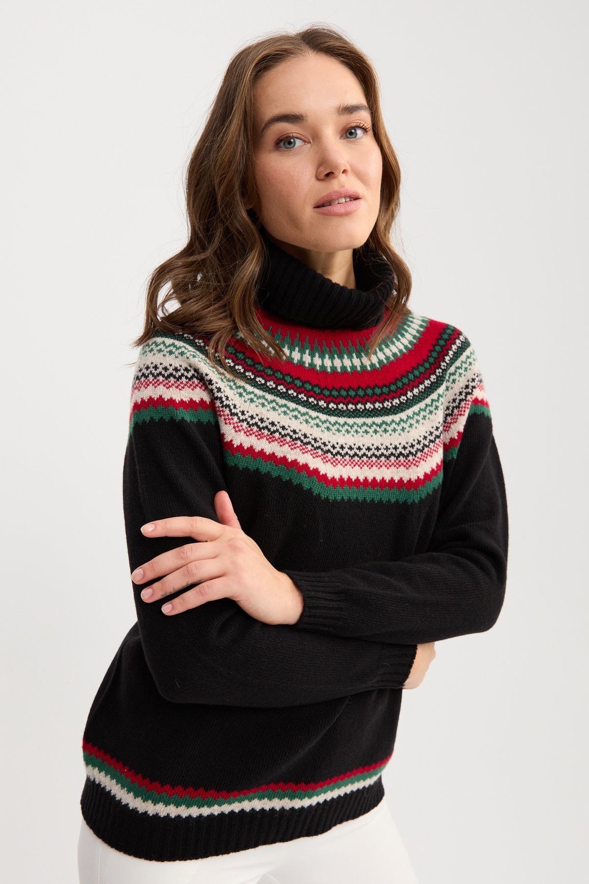 22087Kadın Tam Balıkçı Yaka Yün Kazak Siyah