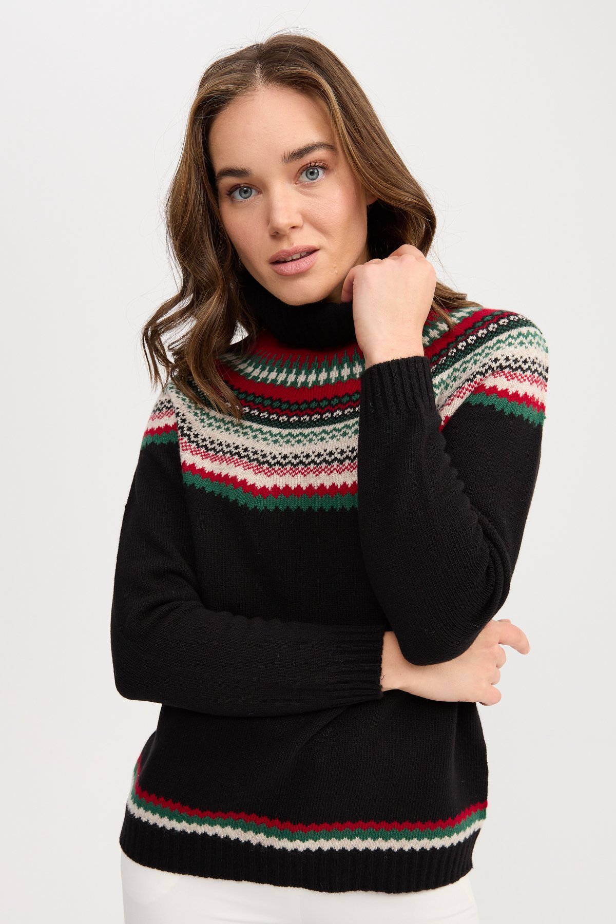 22087Kadın Tam Balıkçı Yaka Yün Kazak Siyah