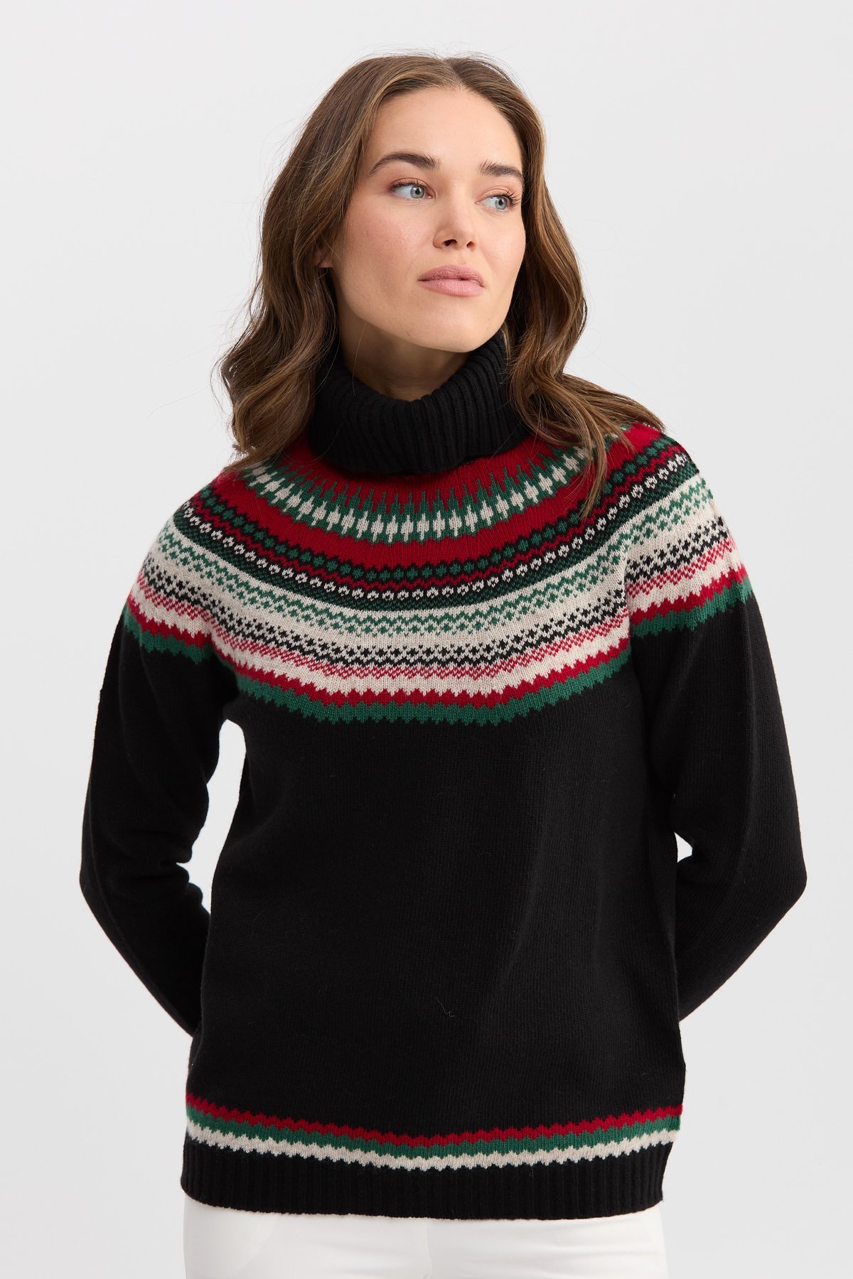 22087Kadın Tam Balıkçı Yaka Yün Kazak Siyah