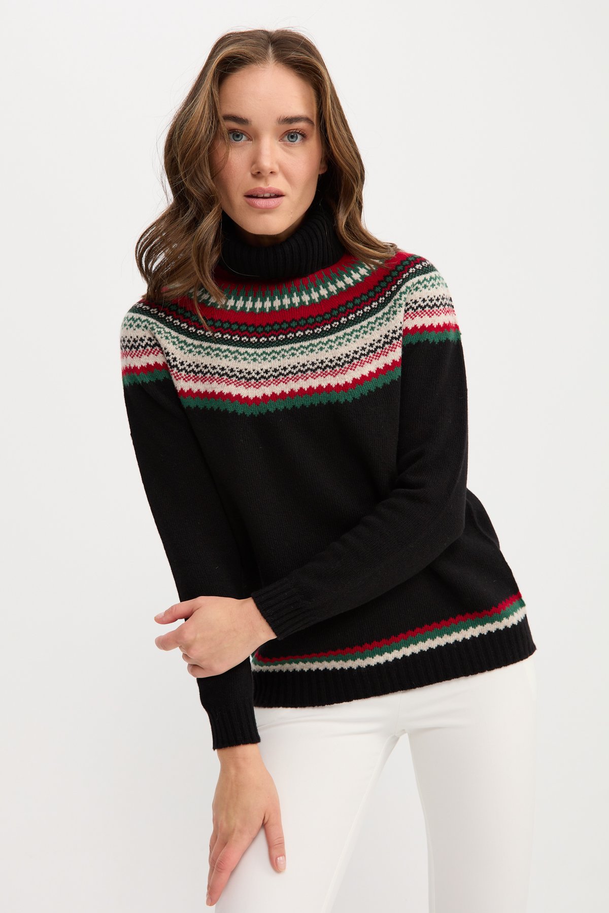 22087Kadın Tam Balıkçı Yaka Yün Kazak Siyah