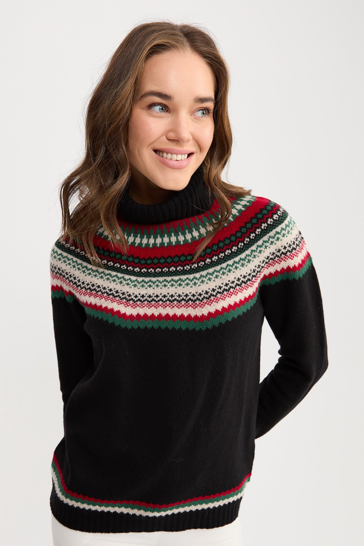 22087Kadın Tam Balıkçı Yaka Yün Kazak Siyah