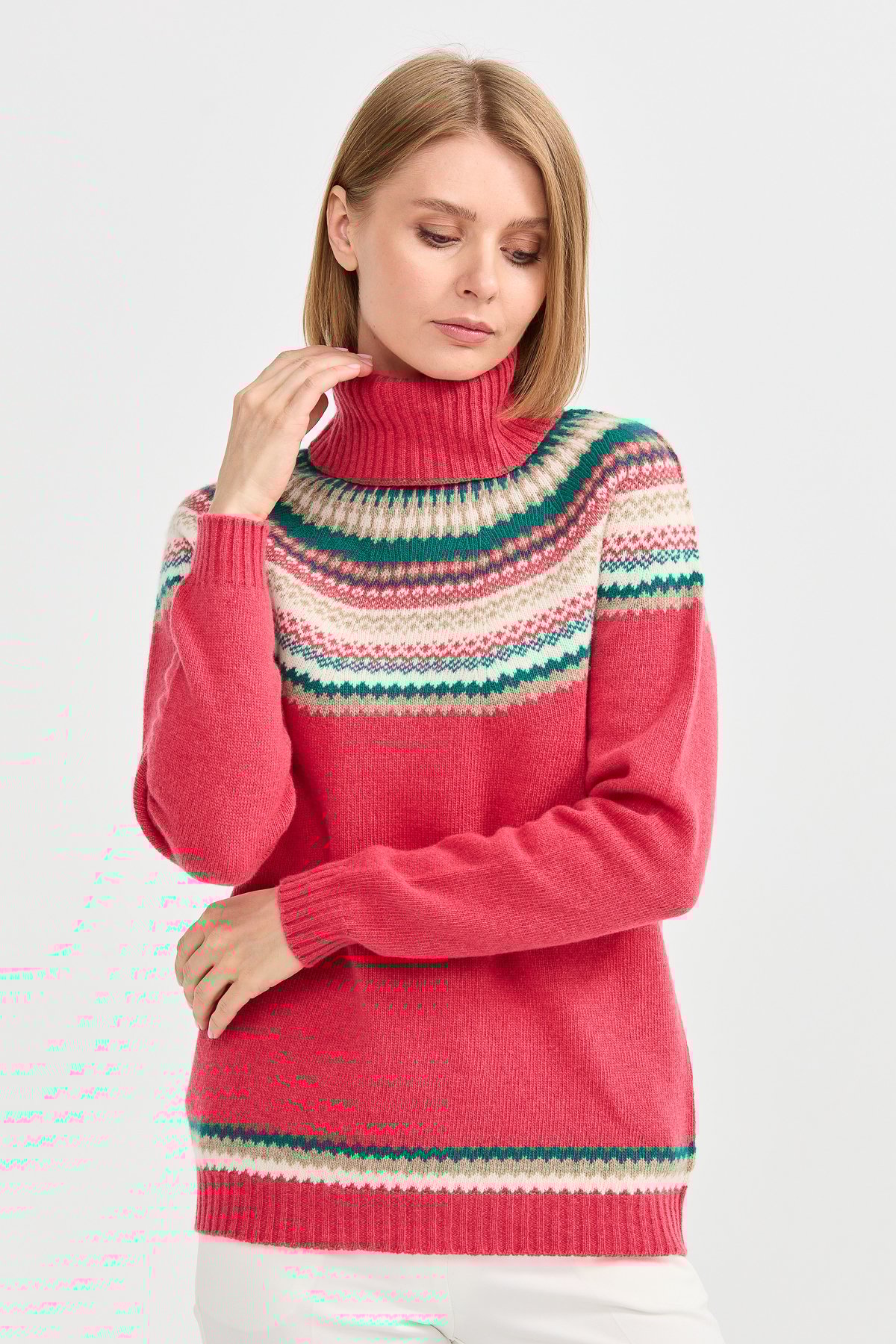 22087Kadın Tam Balıkçı Yaka Yün Kazak Y.S.Pembe