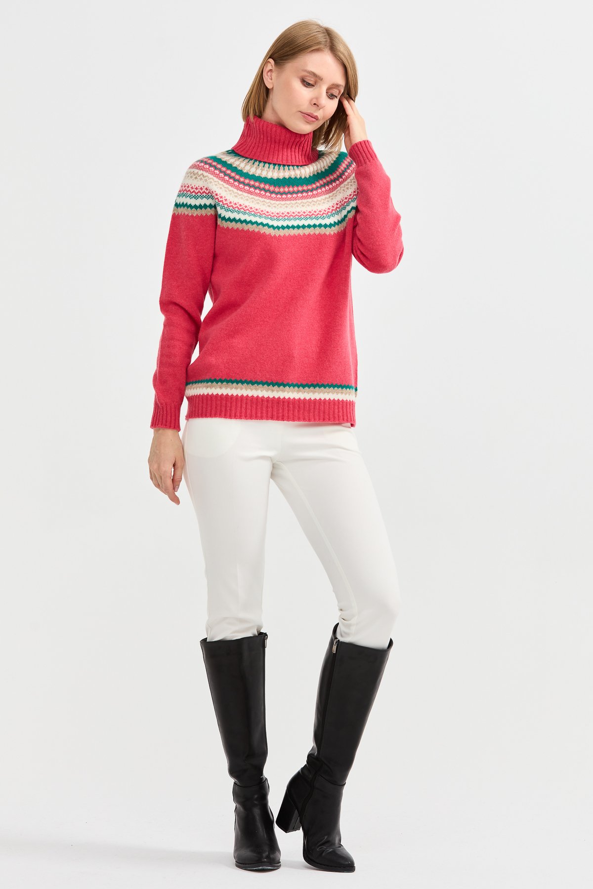 22087Kadın Tam Balıkçı Yaka Yün Kazak Y.S.Pembe