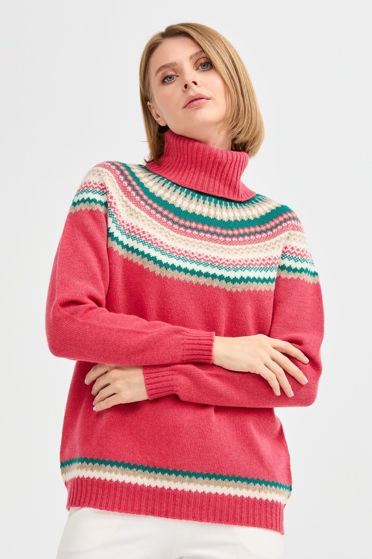 22087Kadın Tam Balıkçı Yaka Yün Kazak Y.S.Pembe