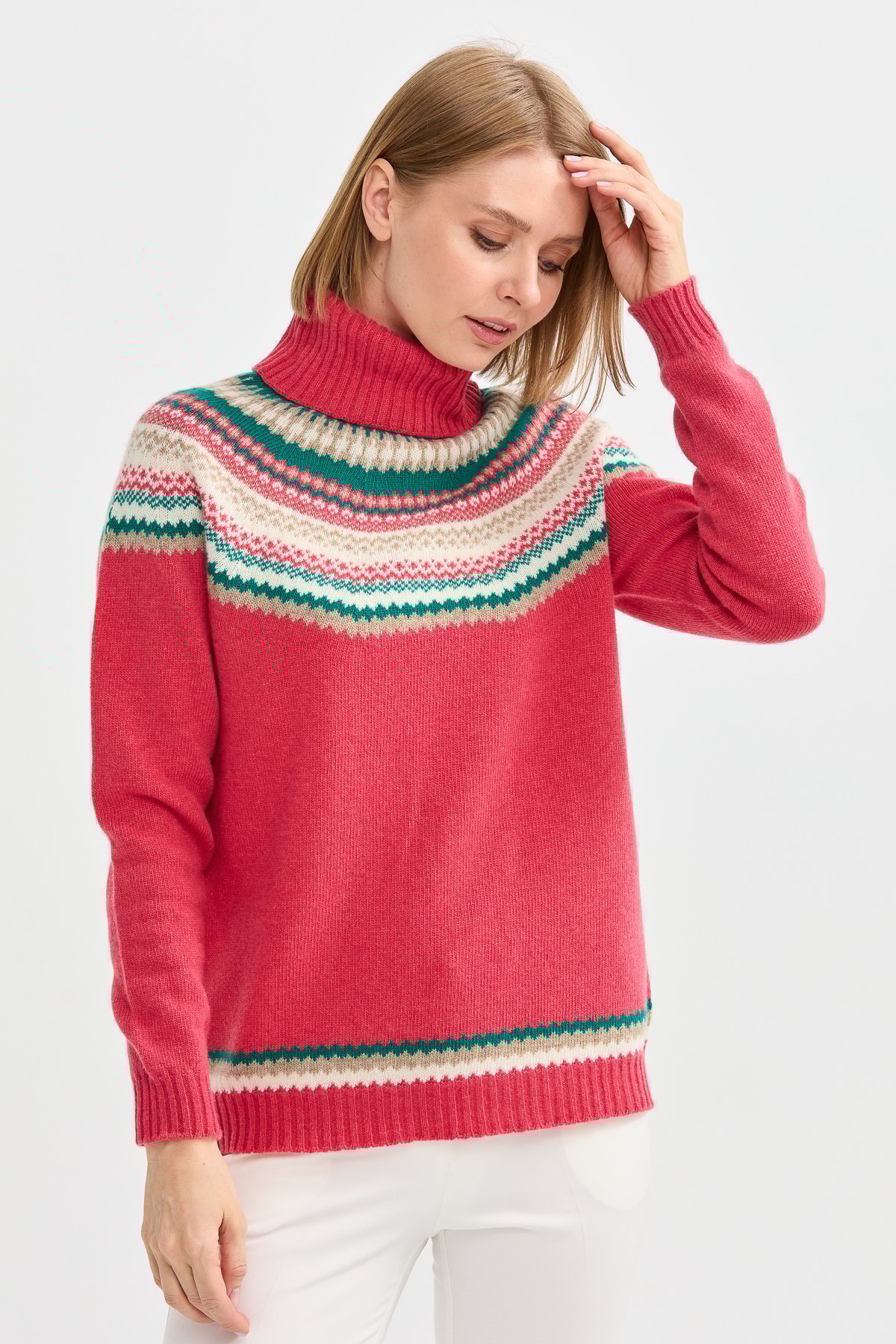 22087Kadın Tam Balıkçı Yaka Yün Kazak Y.S.Pembe