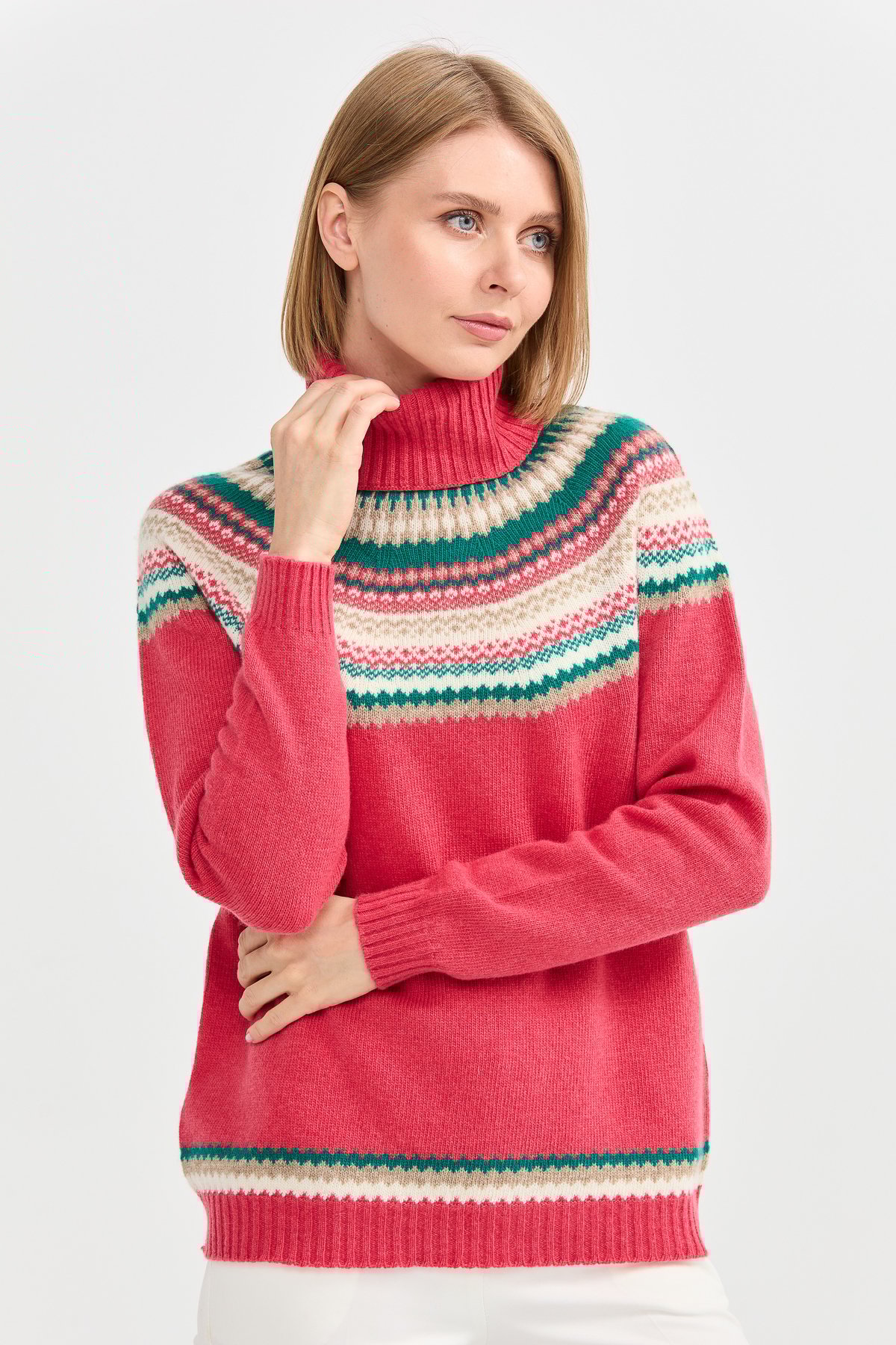 22087Kadın Tam Balıkçı Yaka Yün Kazak Y.S.Pembe