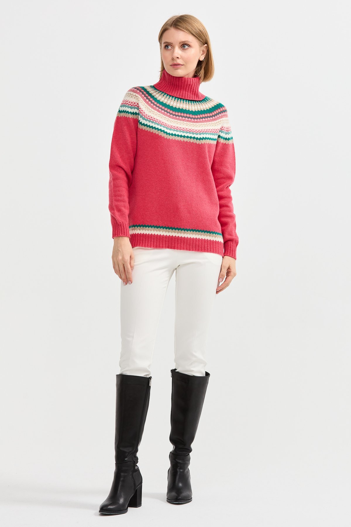 22087Kadın Tam Balıkçı Yaka Yün Kazak Y.S.Pembe