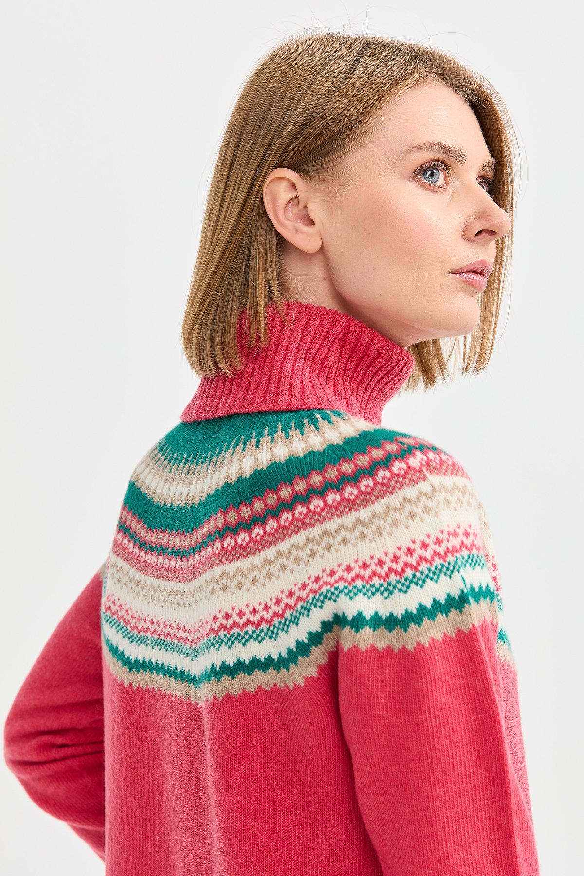 22087Kadın Tam Balıkçı Yaka Yün Kazak Y.S.Pembe