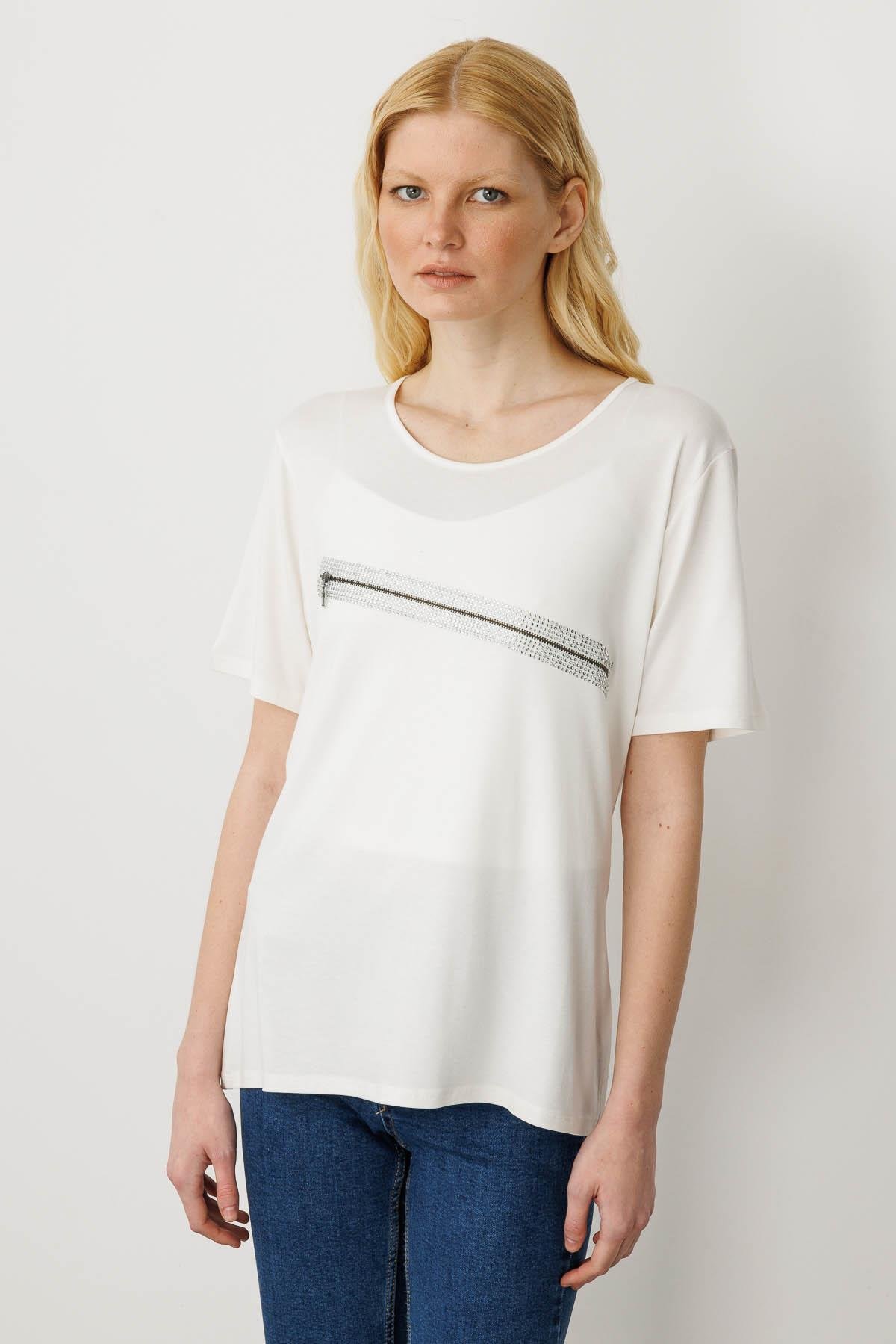 21753Kadın Taş Baskılı Fermuar Aksesuarlı Penye T-shirt Kemik