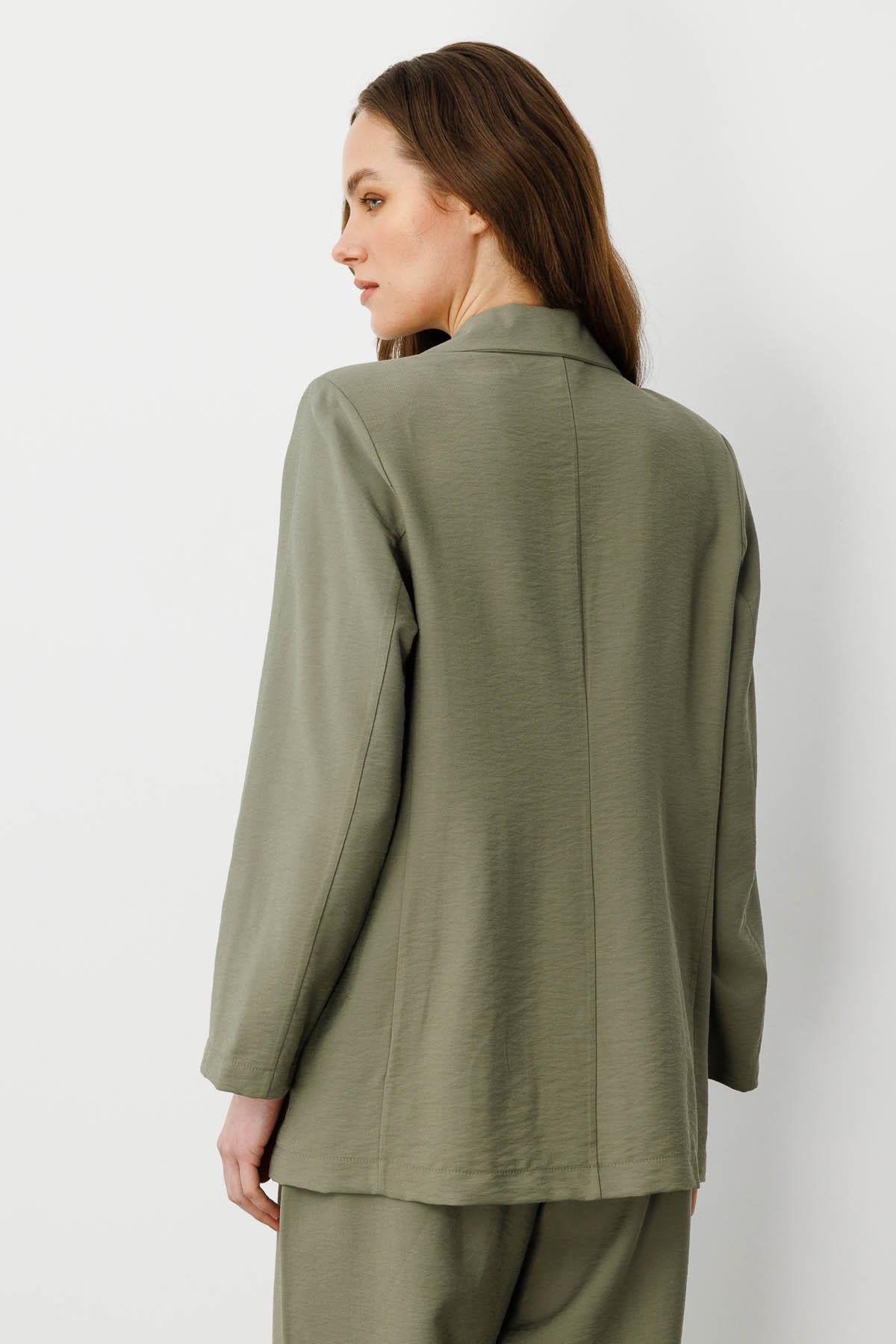 25878Kadın Tek Düğmeli Keten Ceket Haki