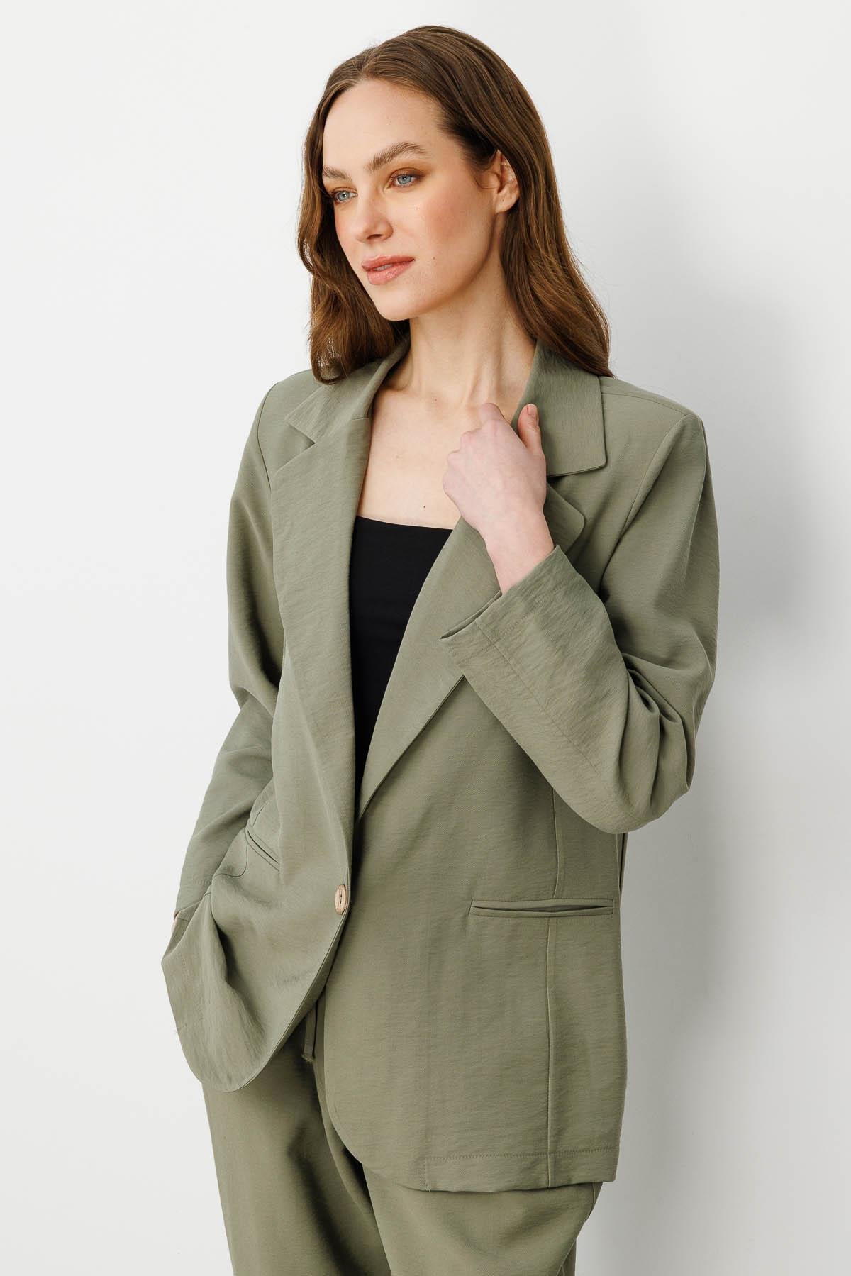 25878Kadın Tek Düğmeli Keten Ceket Haki