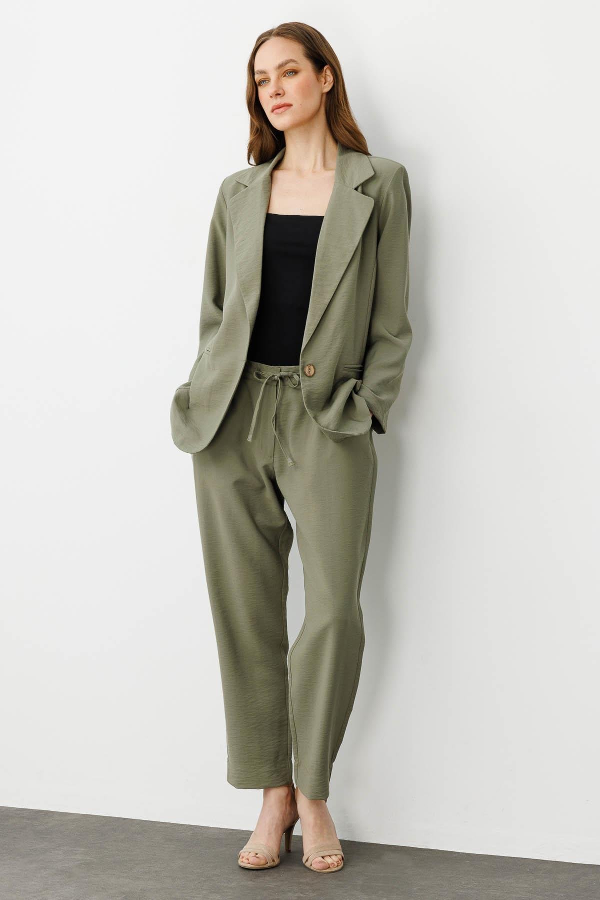 25878Kadın Tek Düğmeli Keten Ceket Haki