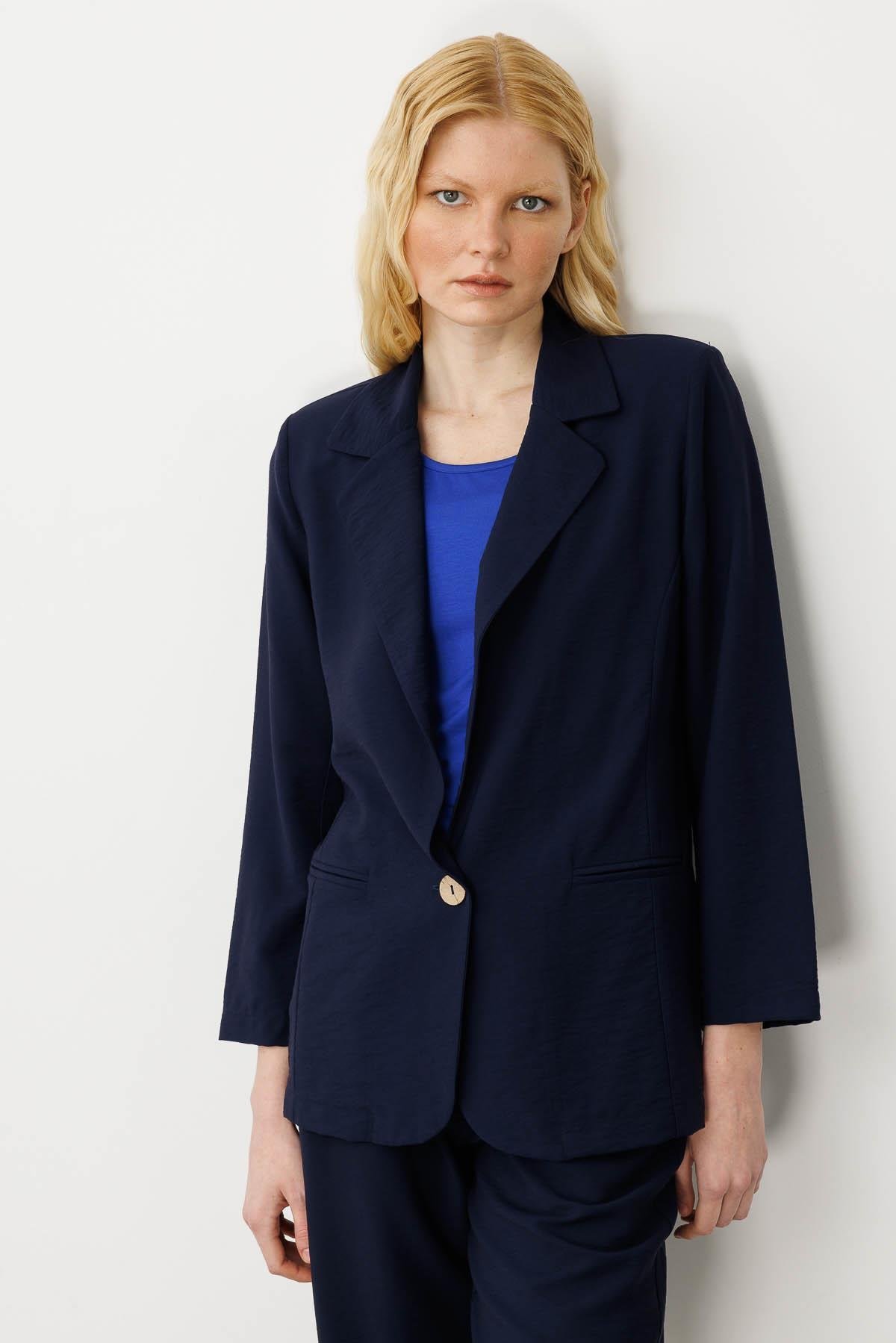 25878Kadın Tek Düğmeli Keten Ceket Lacivert