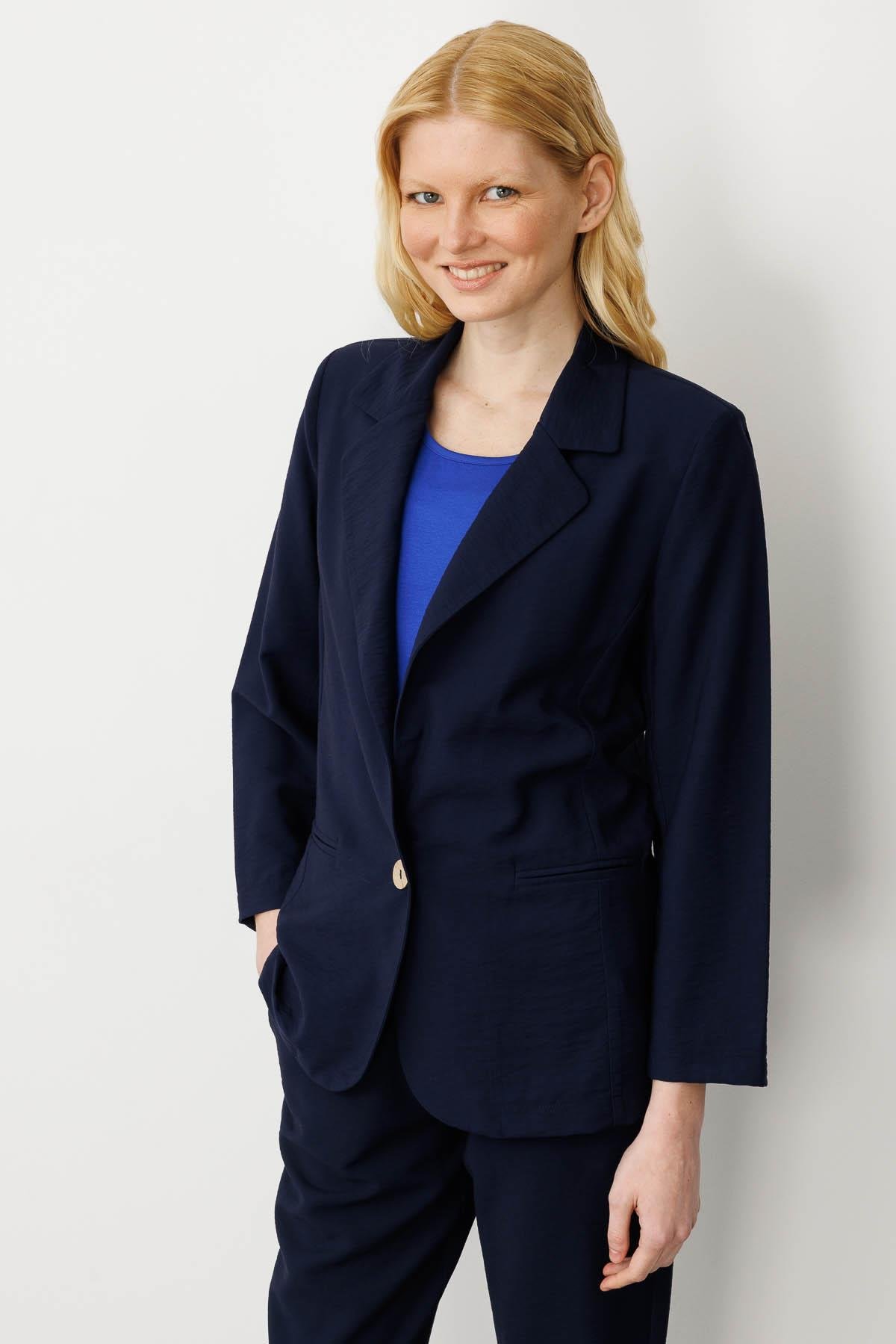 25878Kadın Tek Düğmeli Keten Ceket Lacivert