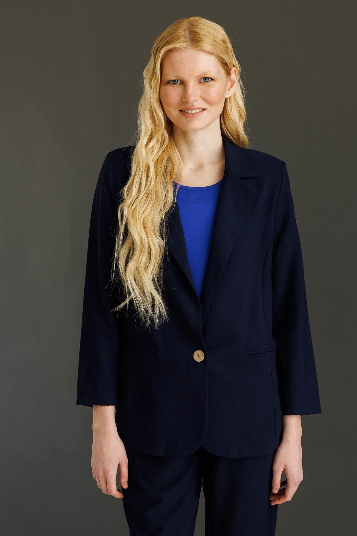 25878Kadın Tek Düğmeli Keten Ceket Lacivert