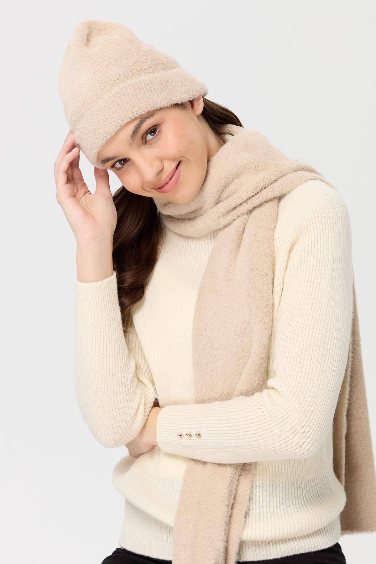 23281Kadın Triko Afrodit Kaşkol Bej