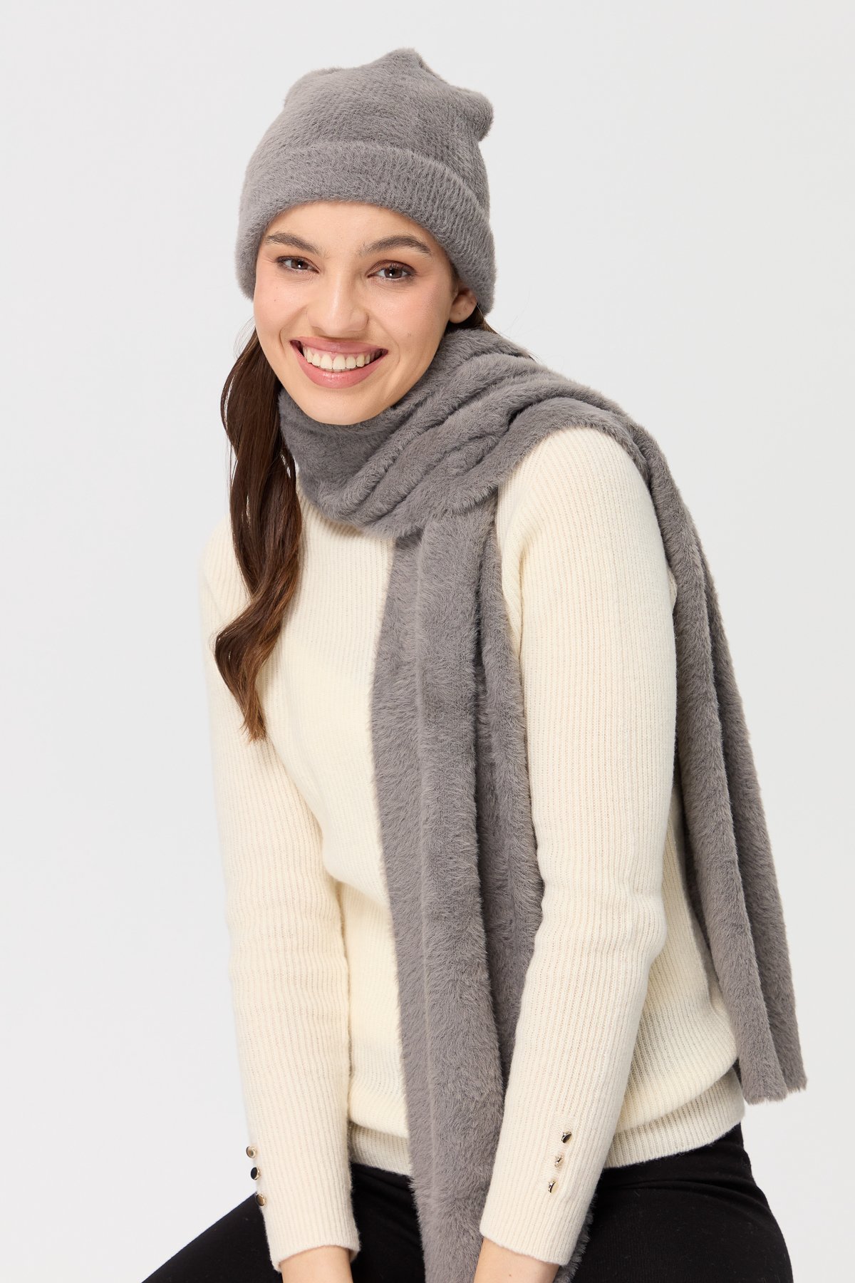 23281Kadın Triko Afrodit Kaşkol Gri