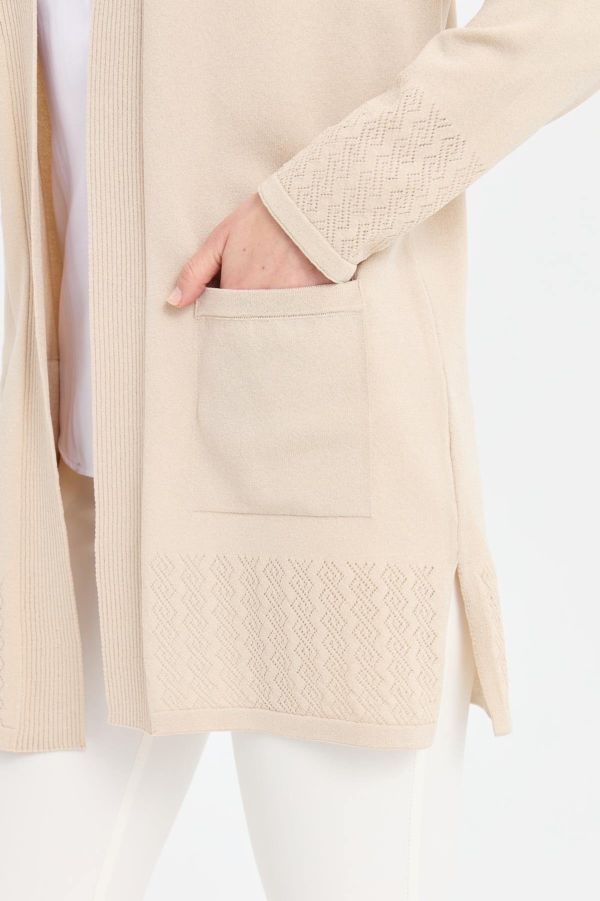 24353Kadın Triko Araboy Yazlık İnce Ceket Bej