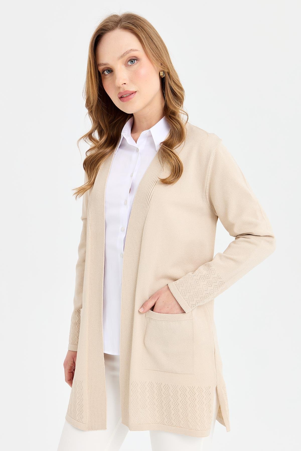 24353Kadın Triko Araboy Yazlık İnce Ceket Bej