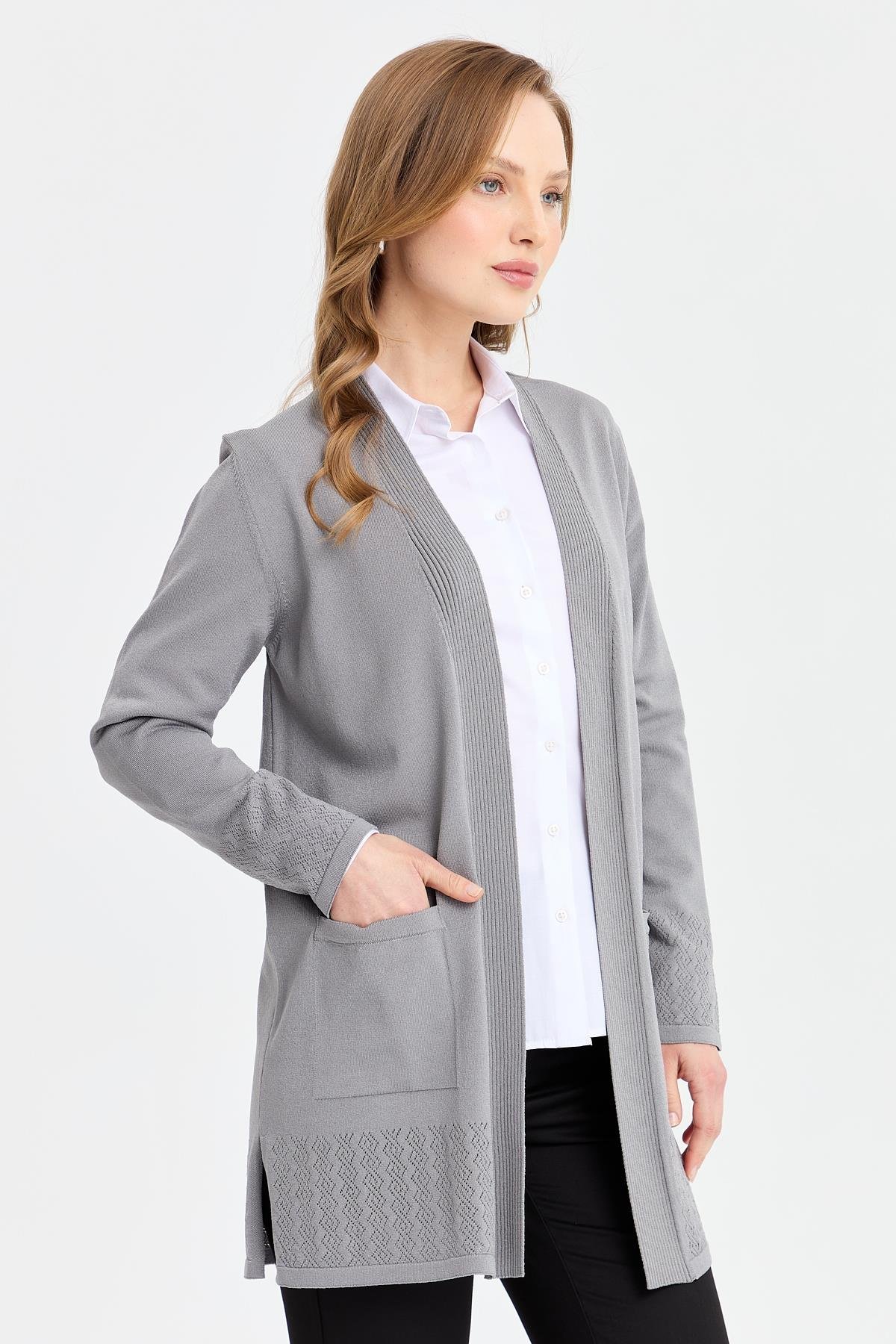 24353Kadın Triko Araboy Yazlık İnce Ceket Füme