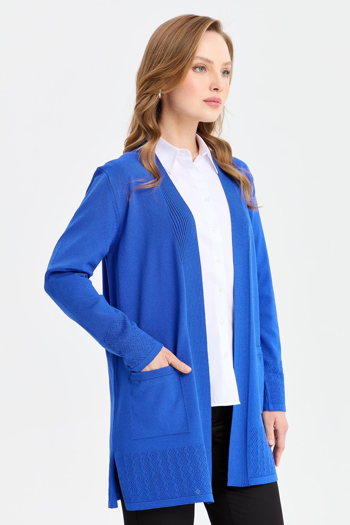 24353Kadın Triko Araboy Yazlık İnce Ceket Saks