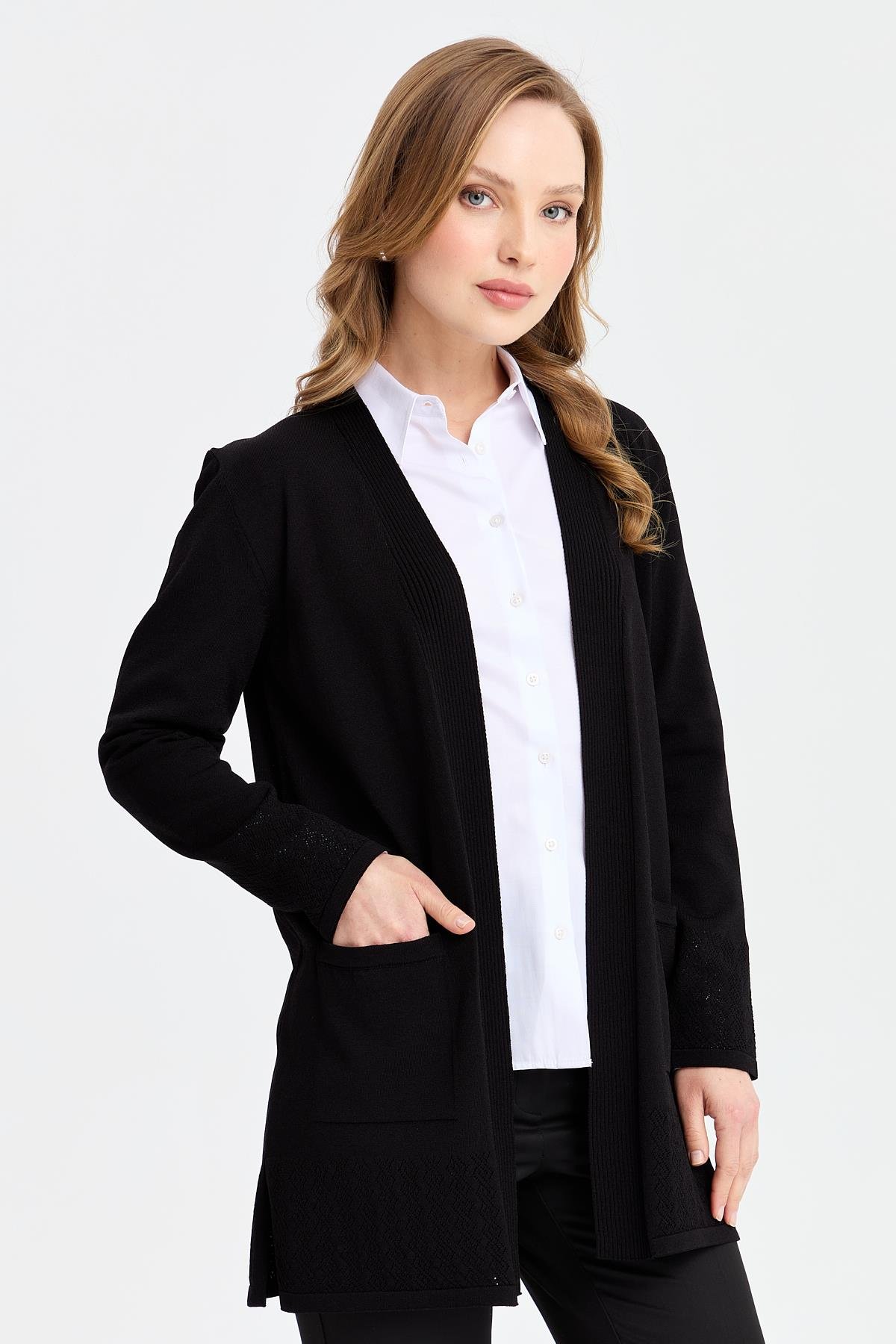 24353Kadın Triko Araboy Yazlık İnce Ceket Siyah