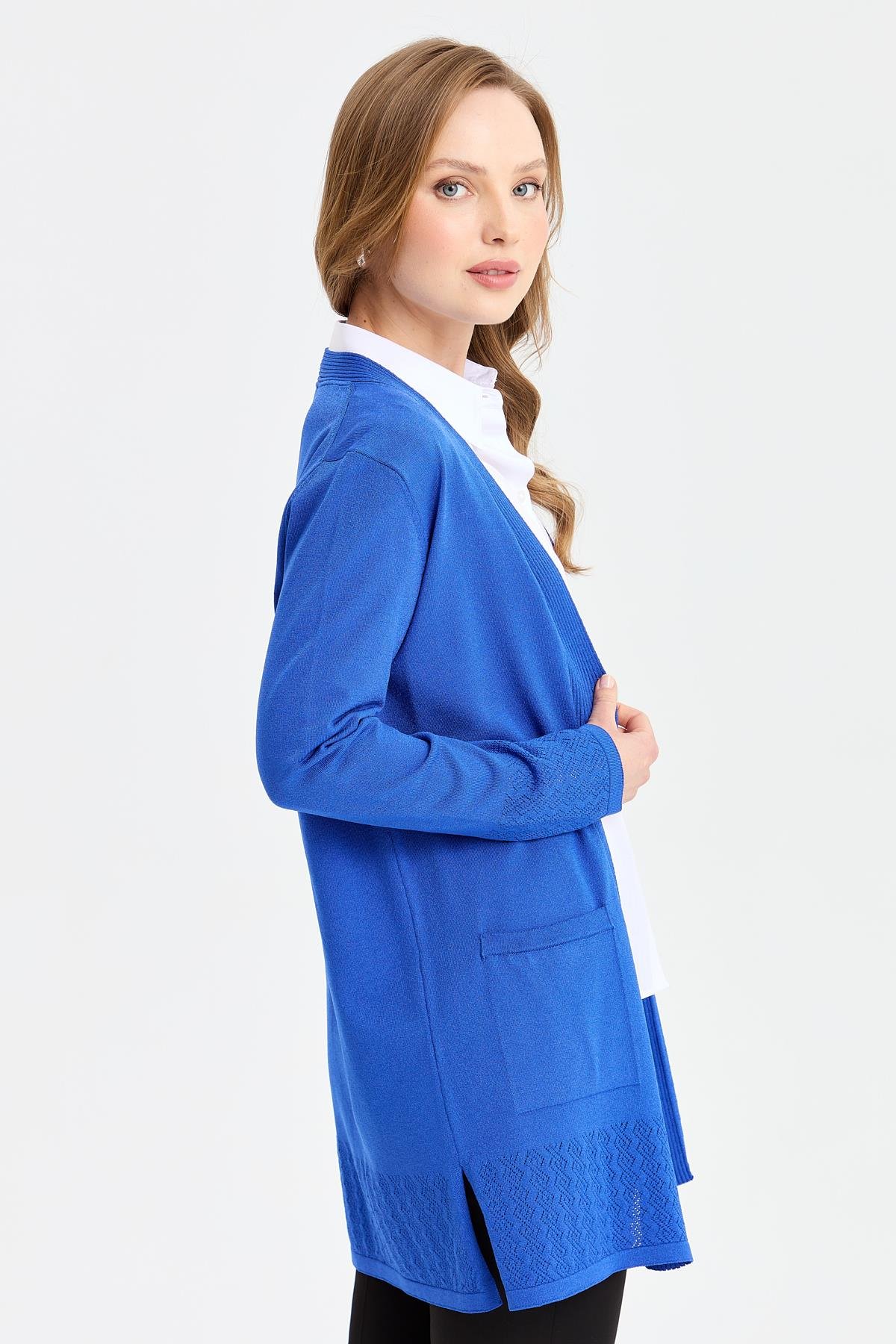 24353Kadın Triko Araboy Yazlık İnce Ceket Saks