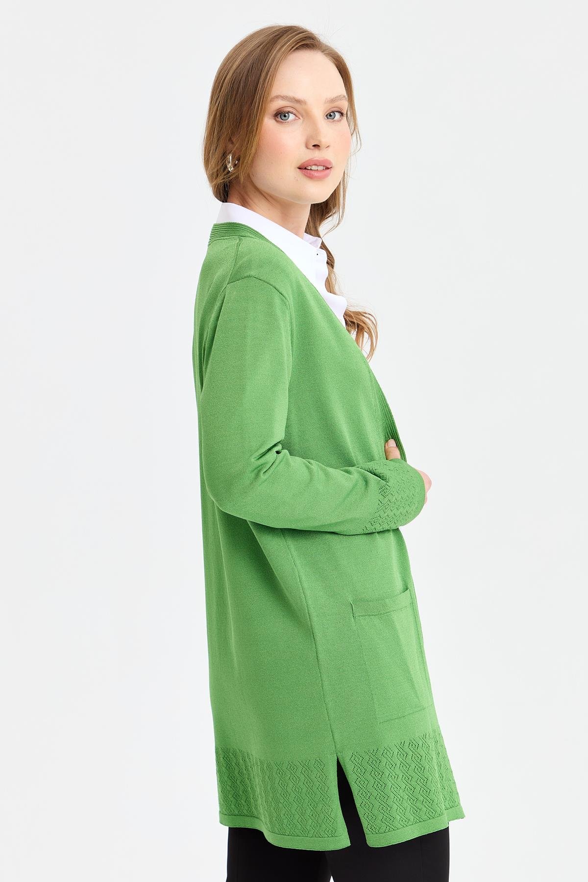 24353Kadın Triko Araboy Yazlık İnce Ceket Yosun