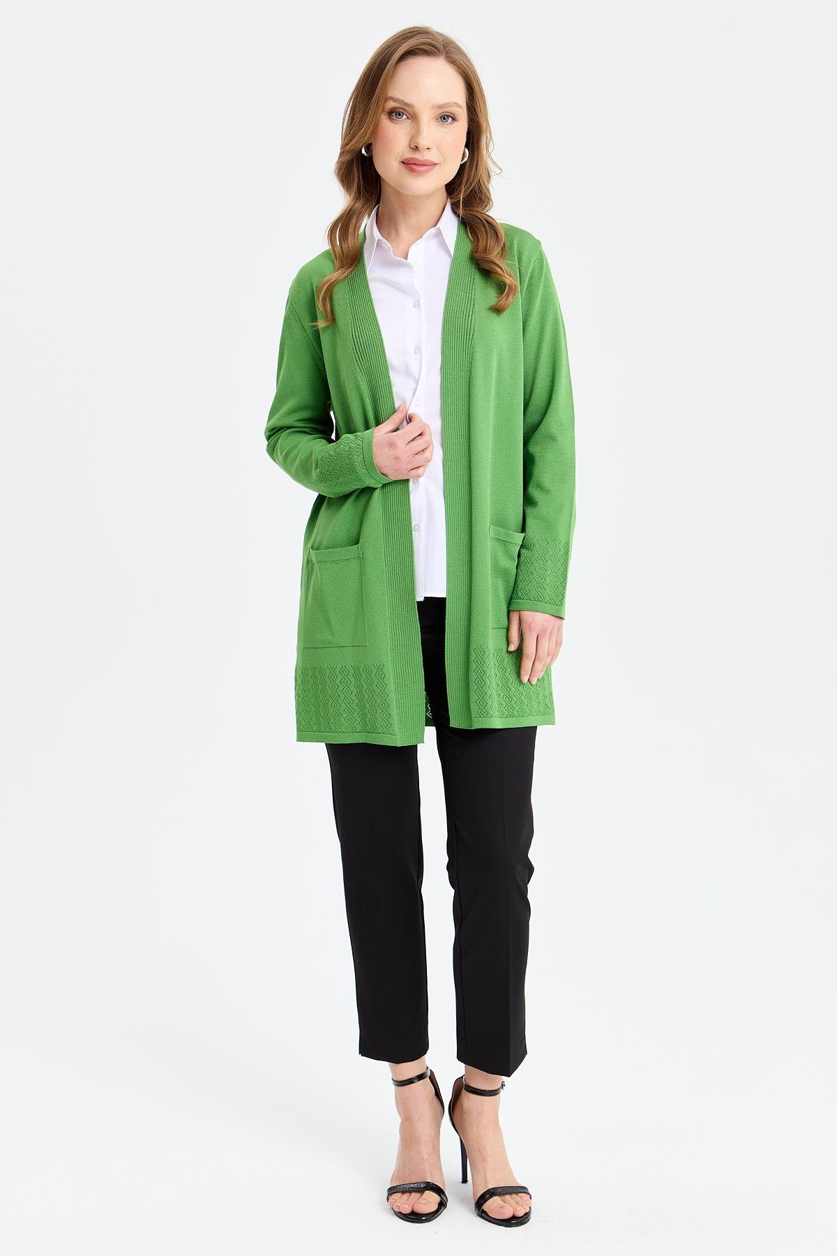 24353Kadın Triko Araboy Yazlık İnce Ceket Yosun