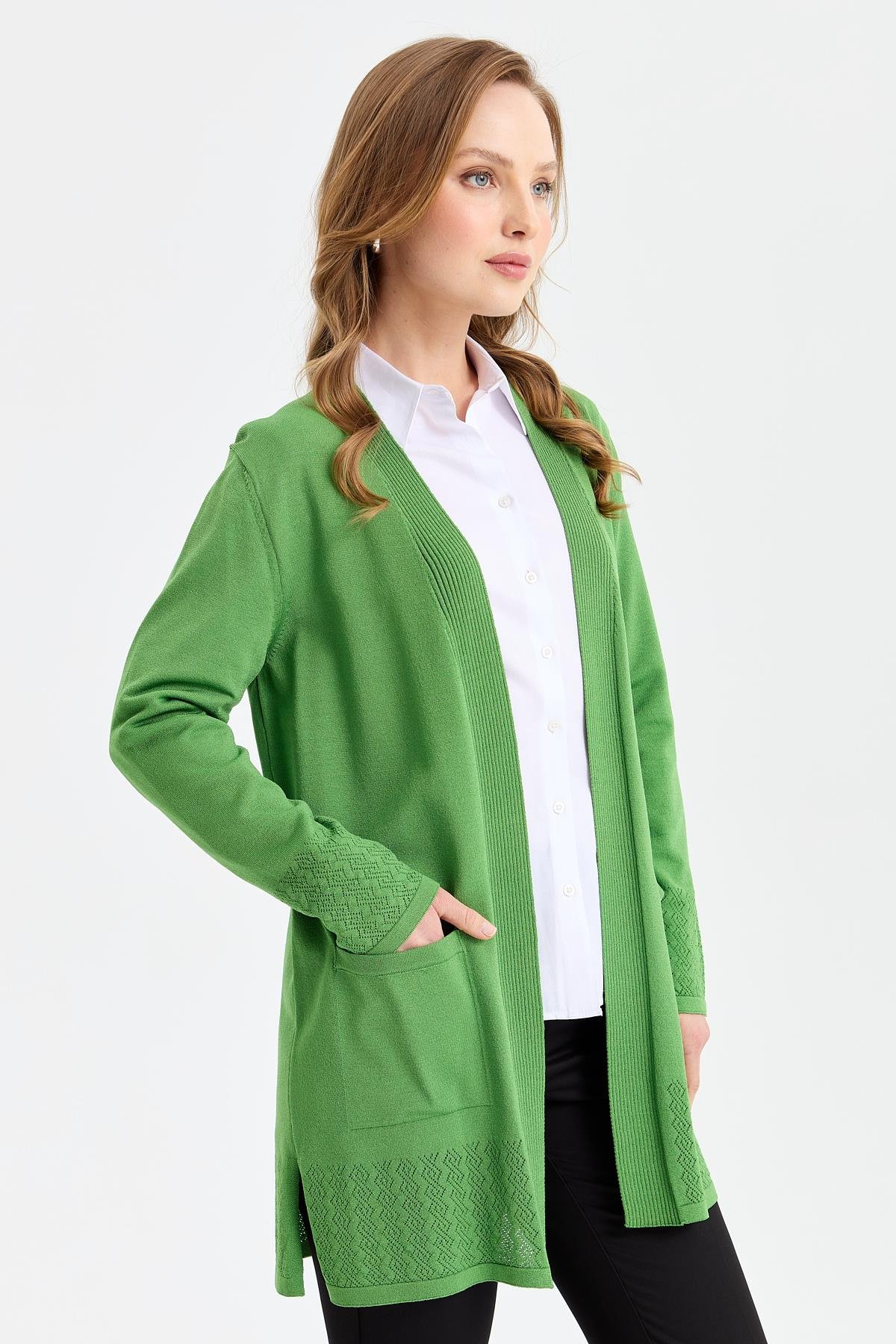 24353Kadın Triko Araboy Yazlık İnce Ceket Yosun