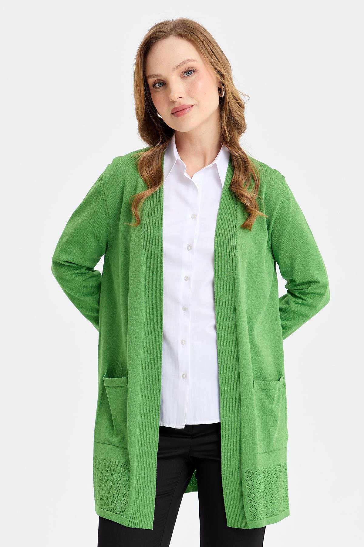 24353Kadın Triko Araboy Yazlık İnce Ceket Yosun