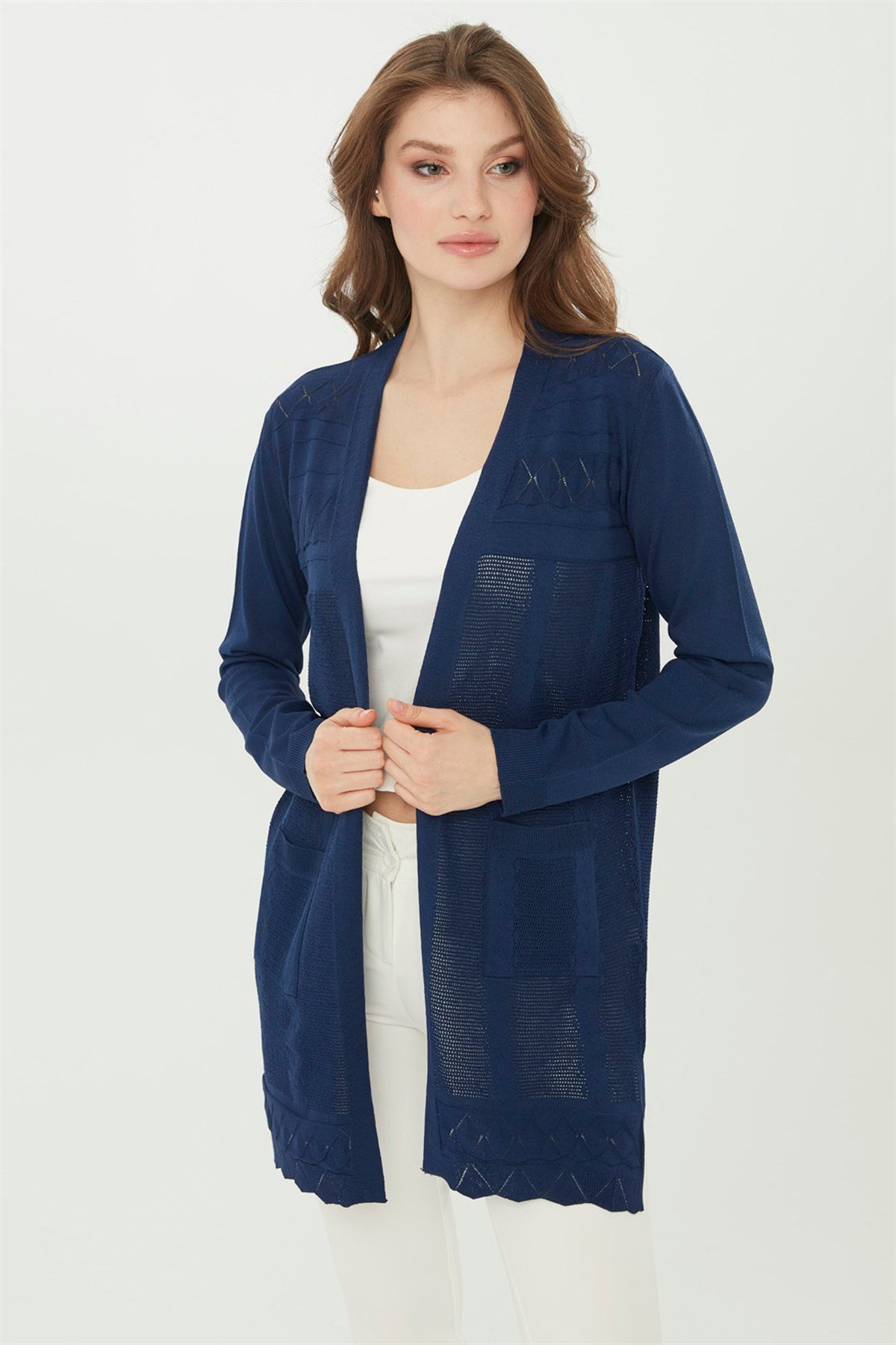 22350Женский удлиненный трикотажный кардиган темно синего цвета