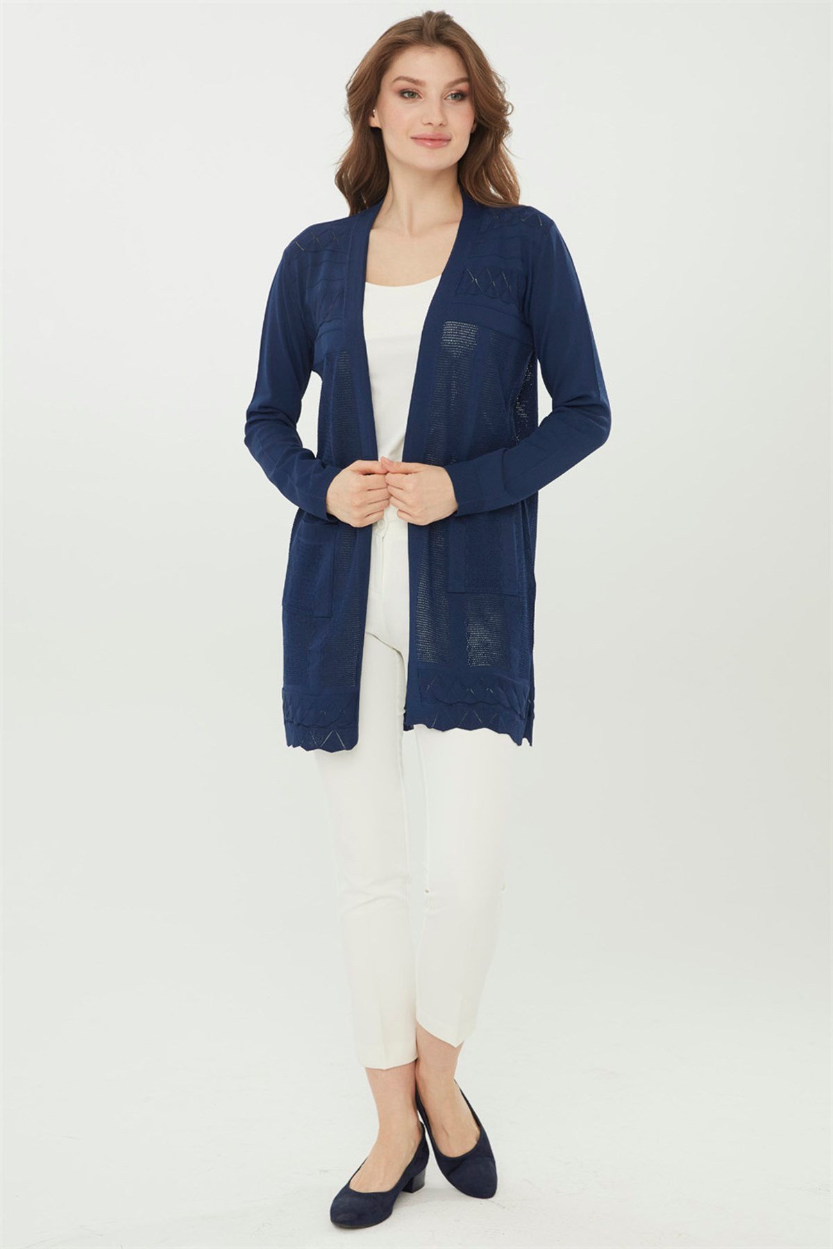 22350Женский удлиненный трикотажный кардиган темно синего цвета