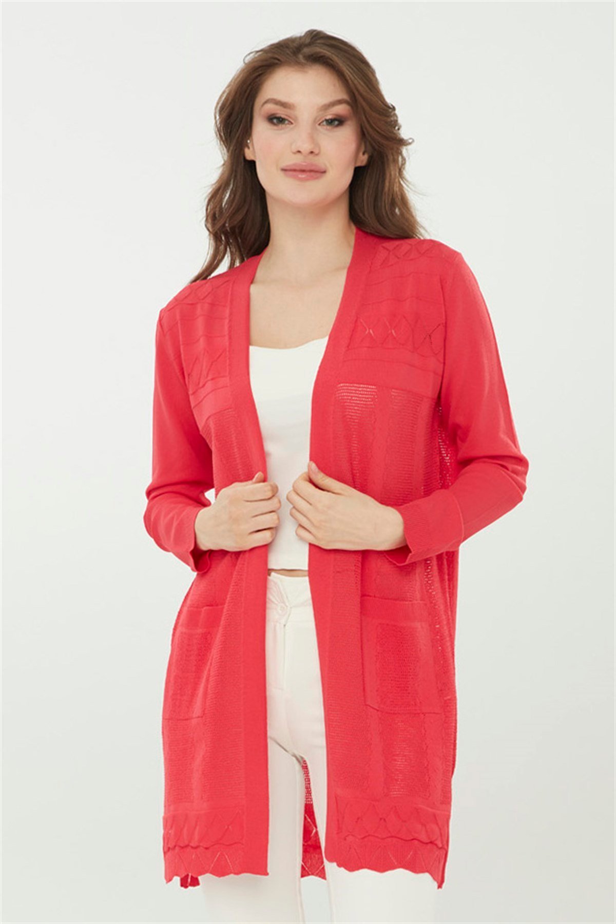 22350Kadın Triko İğne İşi Uzun Hırka N.Çiçeği