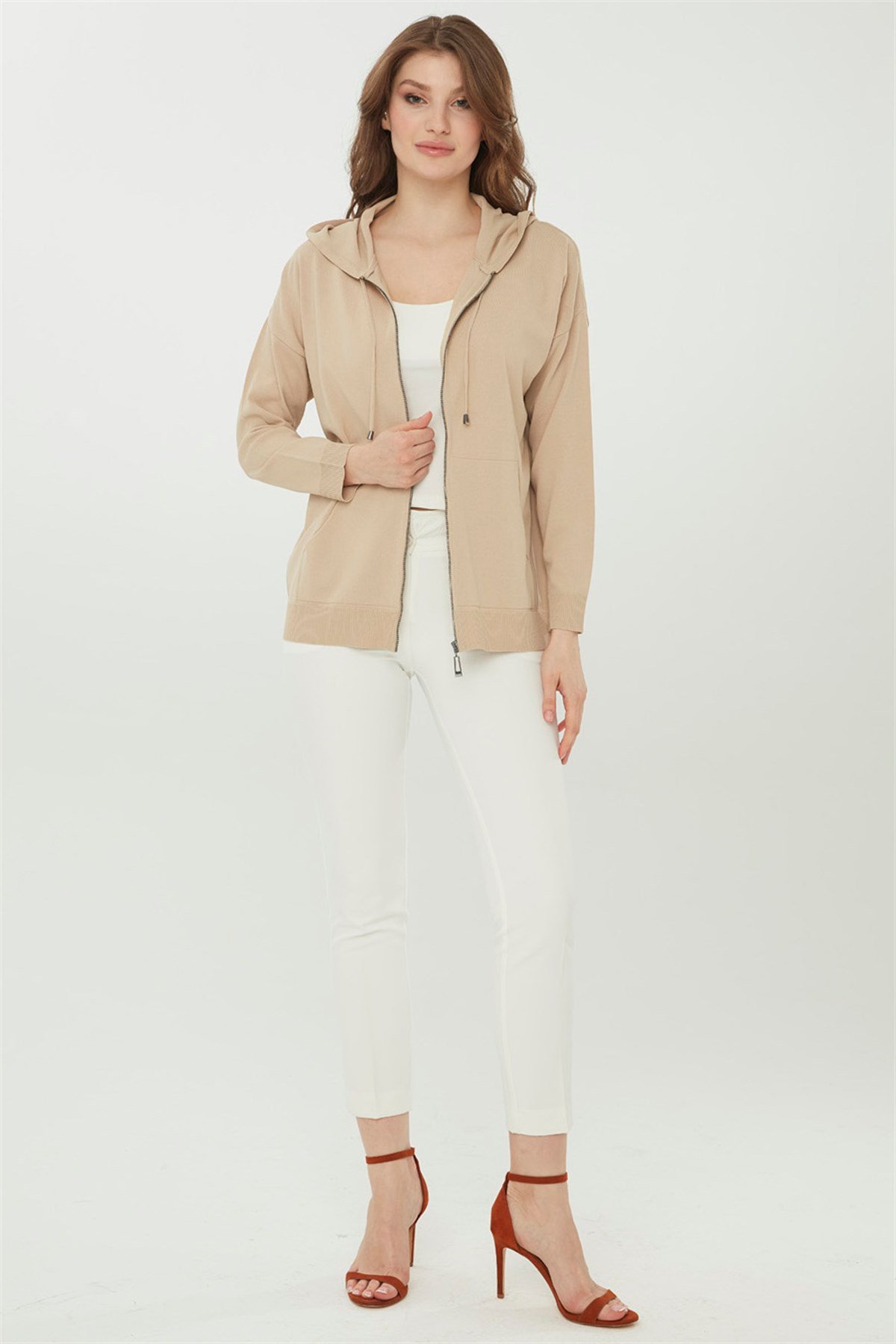 22351Kadın Triko Kapşonlu Yazlık Hırka Bej
