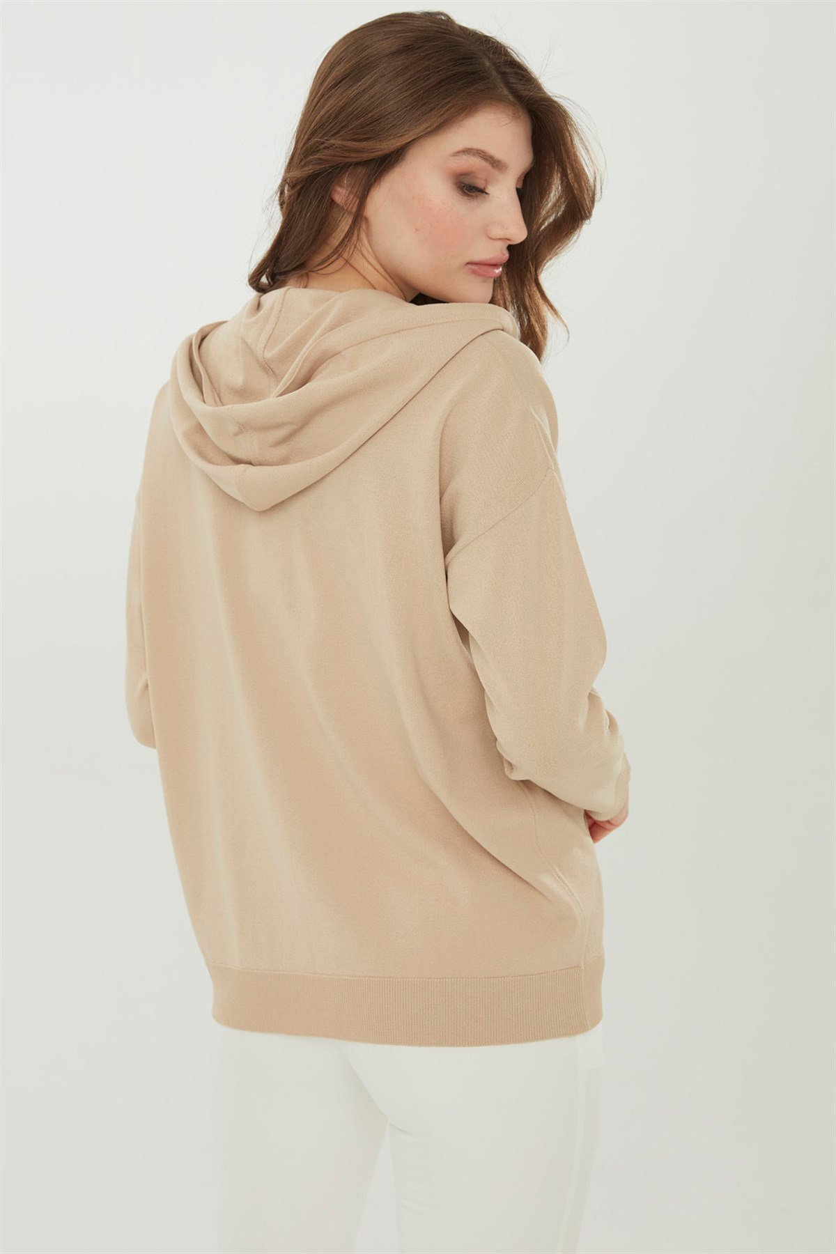 22351Kadın Triko Kapşonlu Yazlık Hırka Bej
