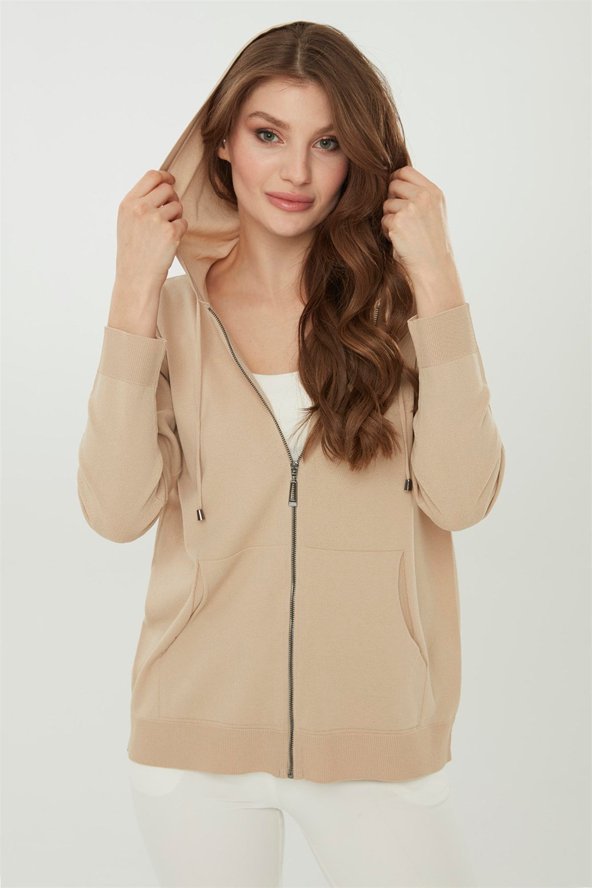 22351Kadın Triko Kapşonlu Yazlık Hırka Bej