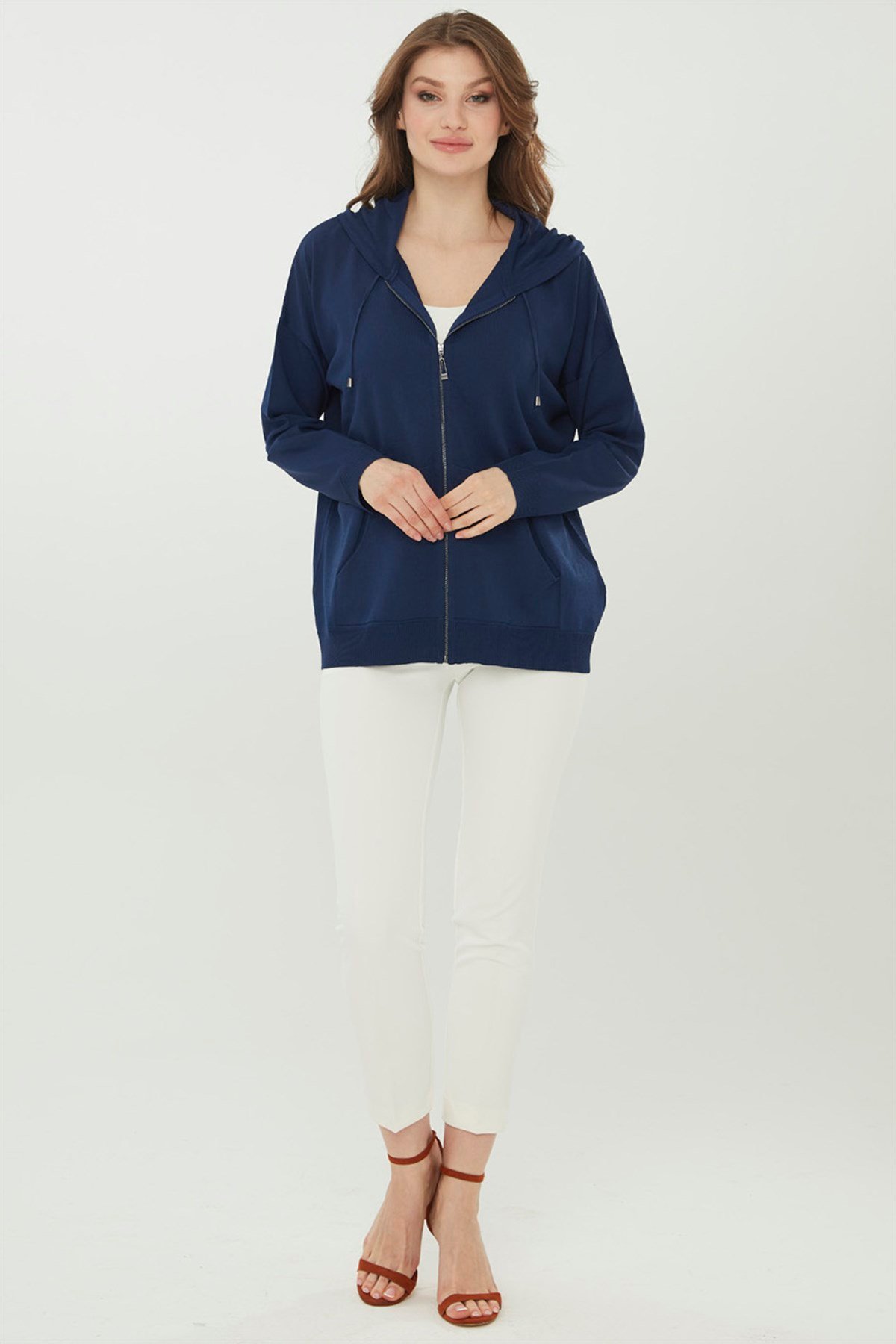 22351Kadın Triko Kapşonlu Yazlık Hırka Lacivert